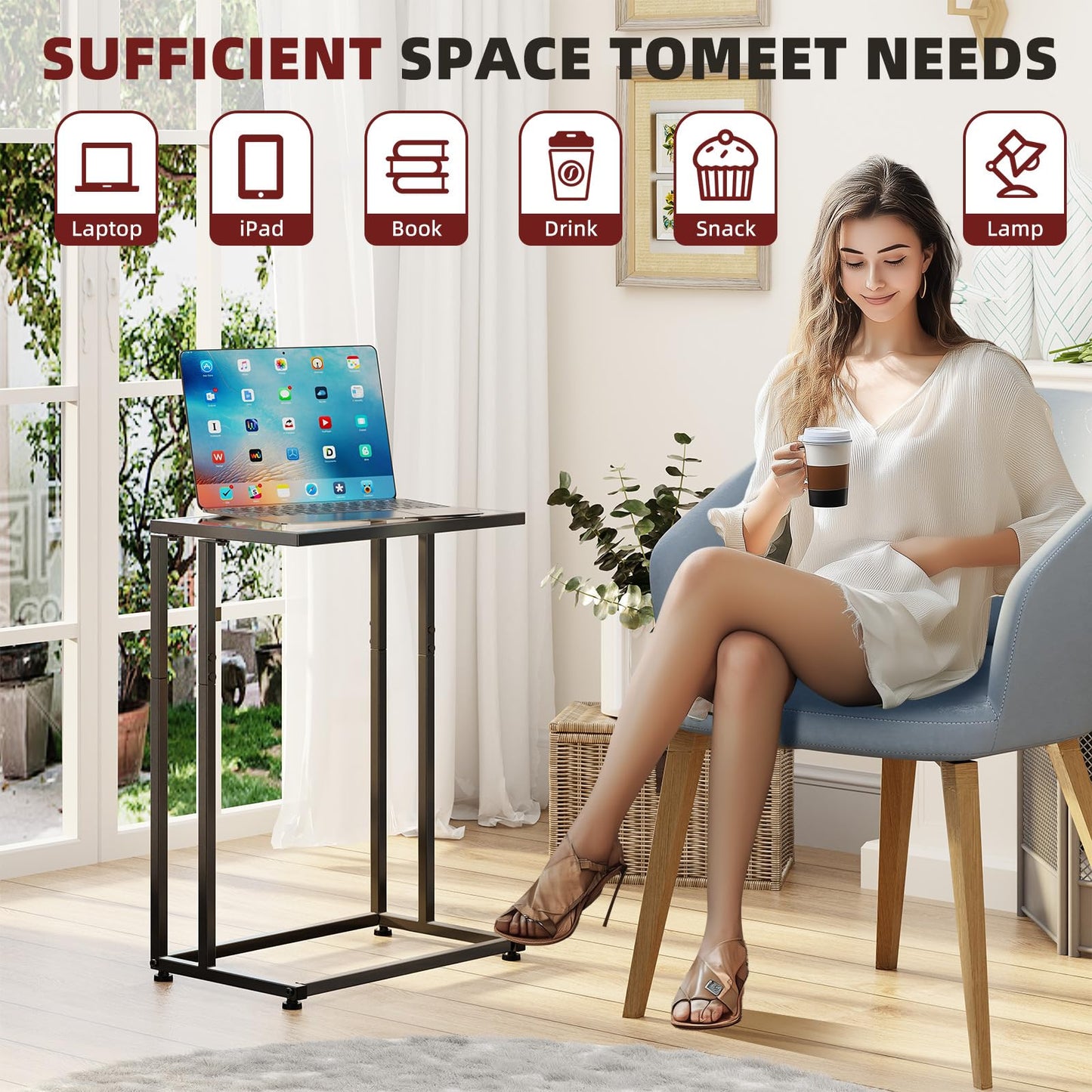 Simple Trending C Table Tempered Glass End Table, Couch Side Table, Snack Sidetable with Metal Frame, TV Tray Table for Small Space, Sofa Couch and Bed Side Table, Black