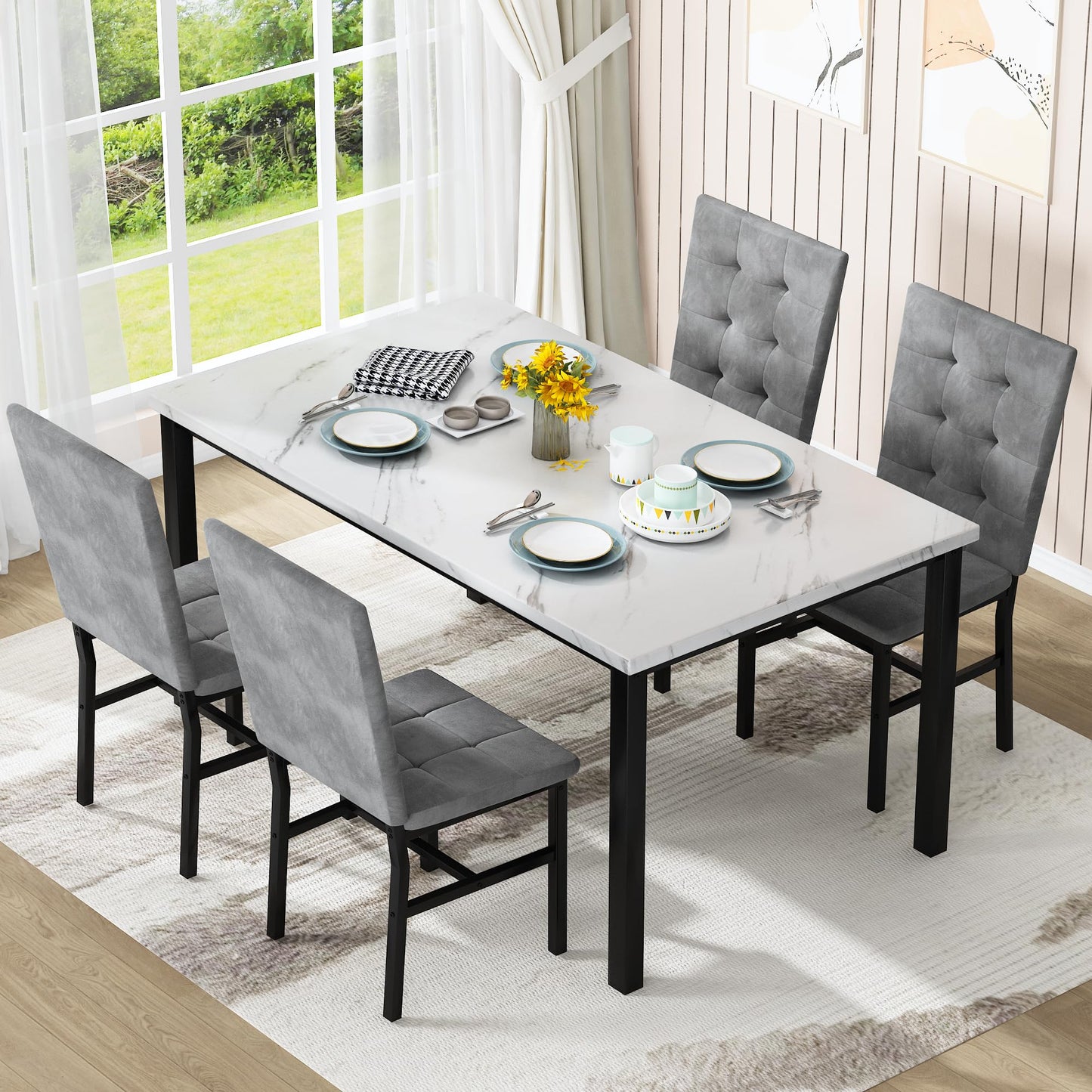 Hooseng Dining Room Table Set 5 Piece Dining Table Set Marble Dining Table 4 Chair Dining Table Set for Kitchen Living Room Breakfast Small Spaces (Grey)