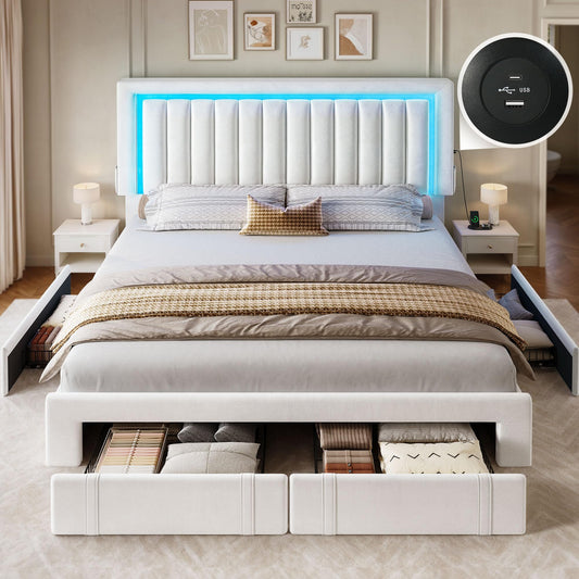 DWVO Queen Size Bed Frame with Adjustable Headboard, 4 Storage Drawers and RGB LED Lights, Velvet Upholstered Platform Bed with USB Ports, No Box Spring Needed, Fast Assembly, Noise-Free, White