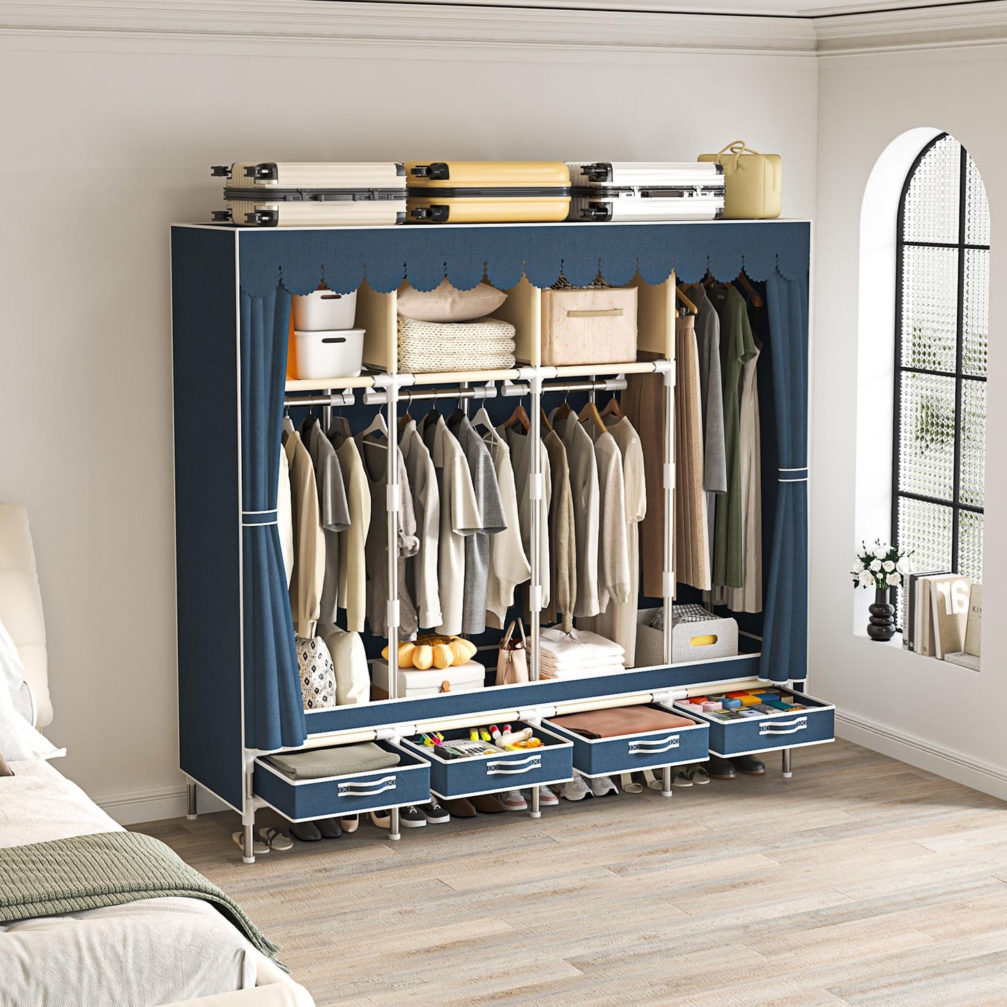 LEAIJIAFY Portable Wardrobe with 4 Drawers and 3 Shelves, 67 Inch Large Capacity Freestanding Wardrobe Hanging Organizer with Lid for Bedroom, Blue