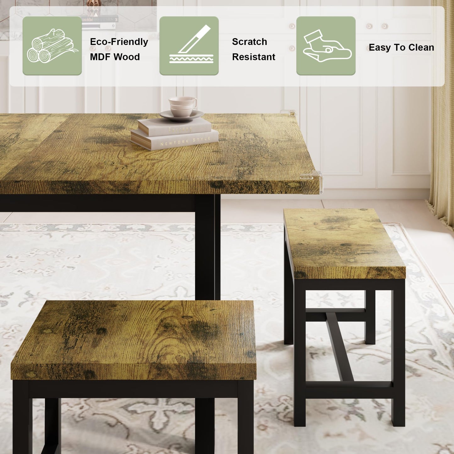 Feonase 7-Piece Dining Table Set with 6 Stools, 63 Inch Extendable Kitchen Table for 4-8, Kitchen Room Set with MDF Board & Metal Frame, Farmhouse Table, Space-Saving, Rustic Brown
