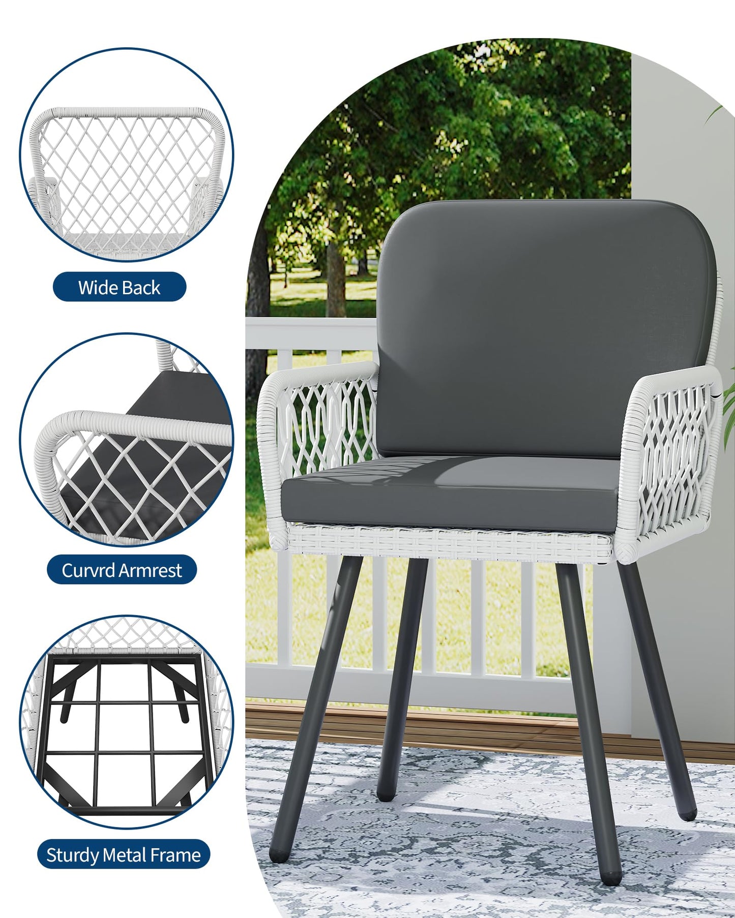 Patio Dining Chairs with 5mm Rattan & Cushions, 2-Piece Outdoor Chairs Set, Stackable Wicker Chairs with Metal Frame for Garden
