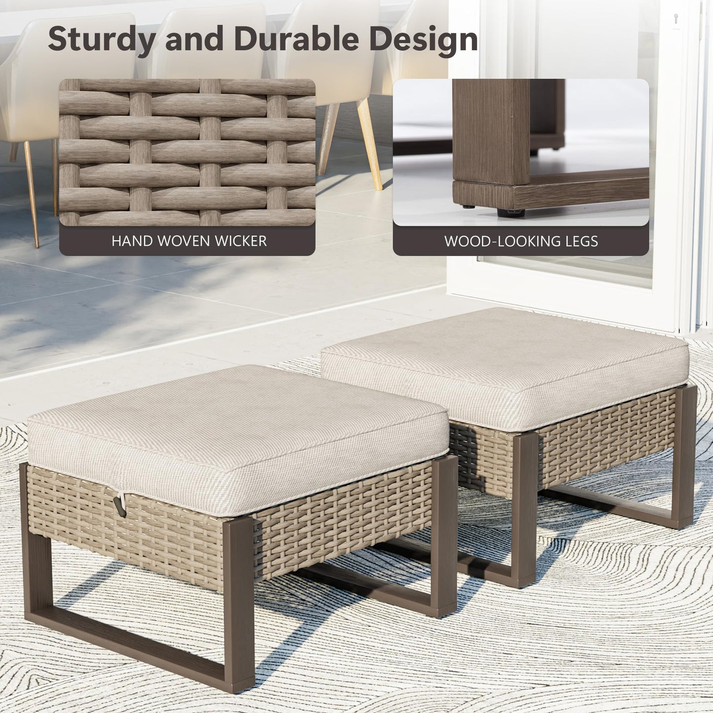 MaxMulti Patio Ottomans Set of 2, Outdoor Wicker Footrest with Thickened Cushions, Multipurpose Metal Patio Furniture for Outdoor, Backyard and Deck Use (Beige)
