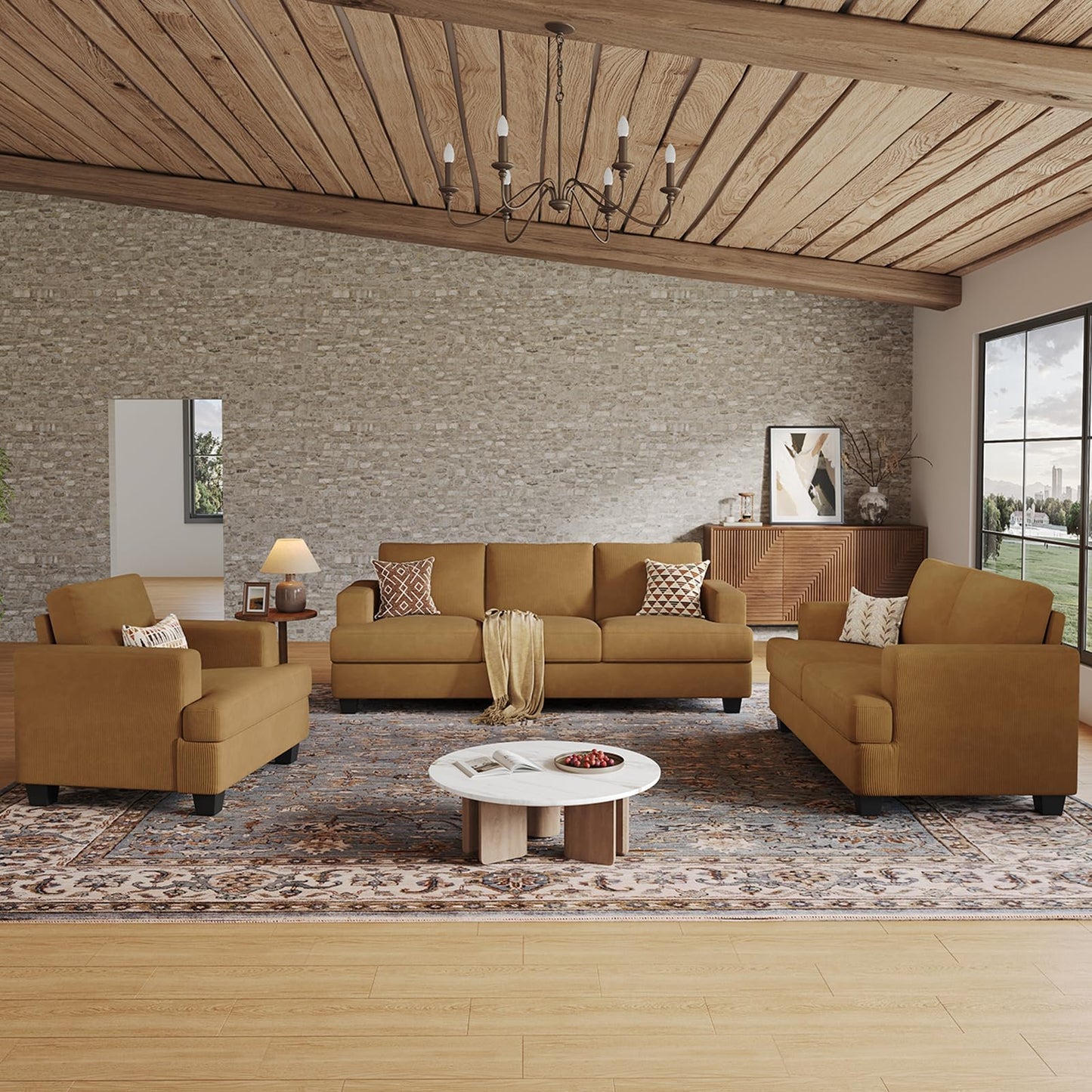 COPIAE 89 Inch Sofa with Extra Deep Seats Oversize, Corduroy Fabric 3 Seater Sofa for Living Room, Modern Couch and Sofa, Comfy Armrests and Seats and Backrests, Easy Installation, Ginger Yellow
