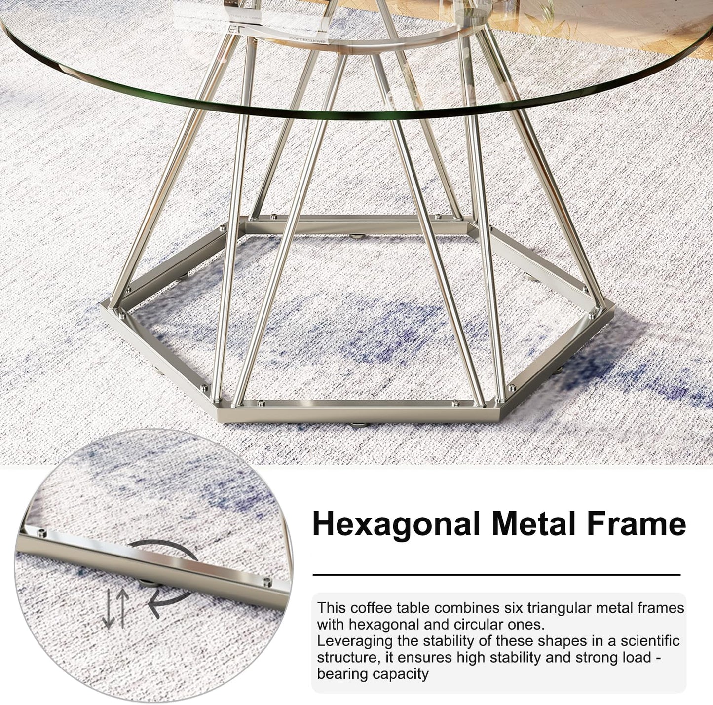 LVB 31.5” Round Glass Coffee Table, Modern Living Room Table with Hexagonal Silver Metal Frame, Small Contemporary Center Table for Bedroom, Office，31.5Inch