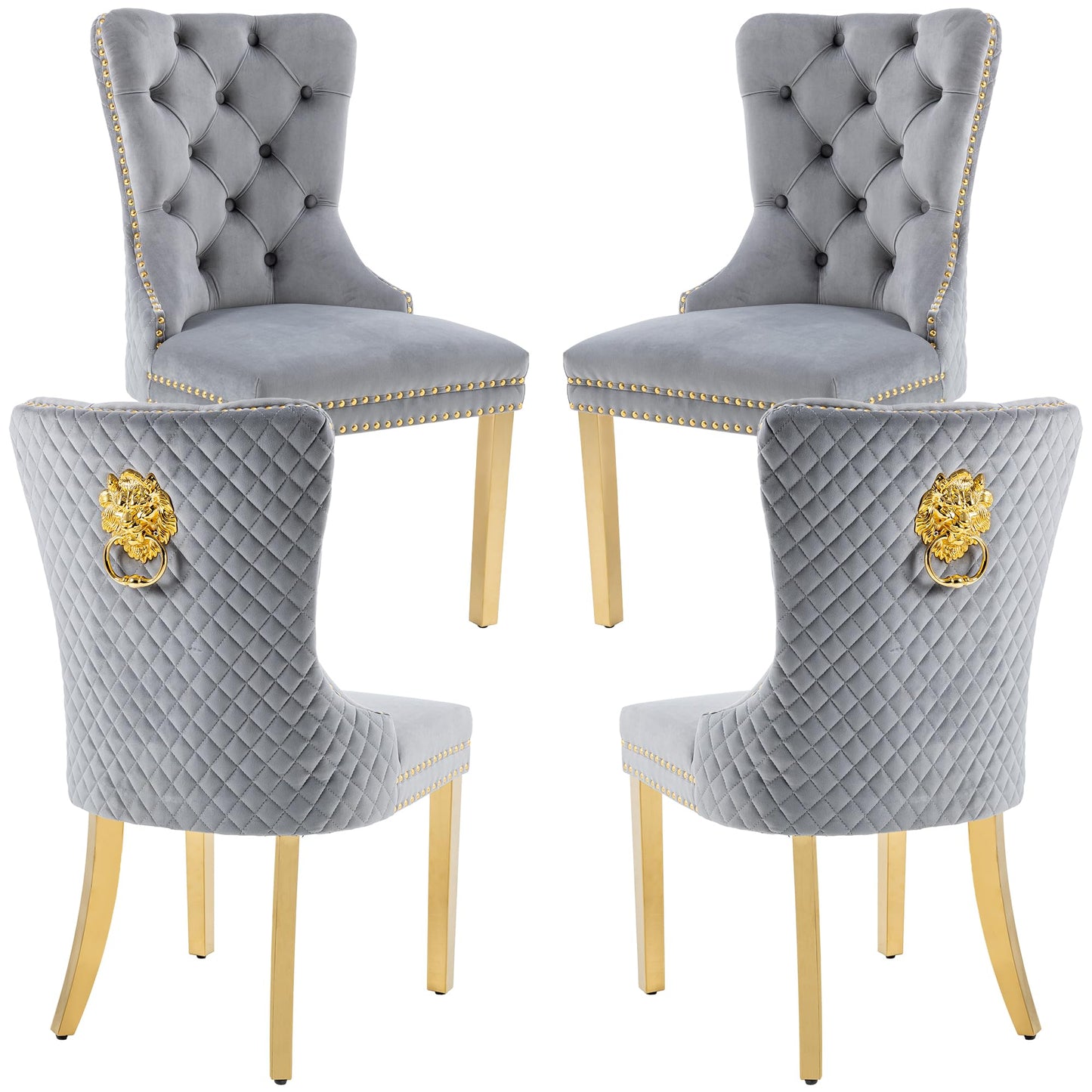 GOOLON Velvet Dining Chairs Set of 4, Upholstered Dining Room Chairs, Mid-Century Modern Chairs with Diamond Lattice Tufted Back, Lion Pull Ring Rivet Trim, Golden Metal Legs for Kitchen, Light Grey