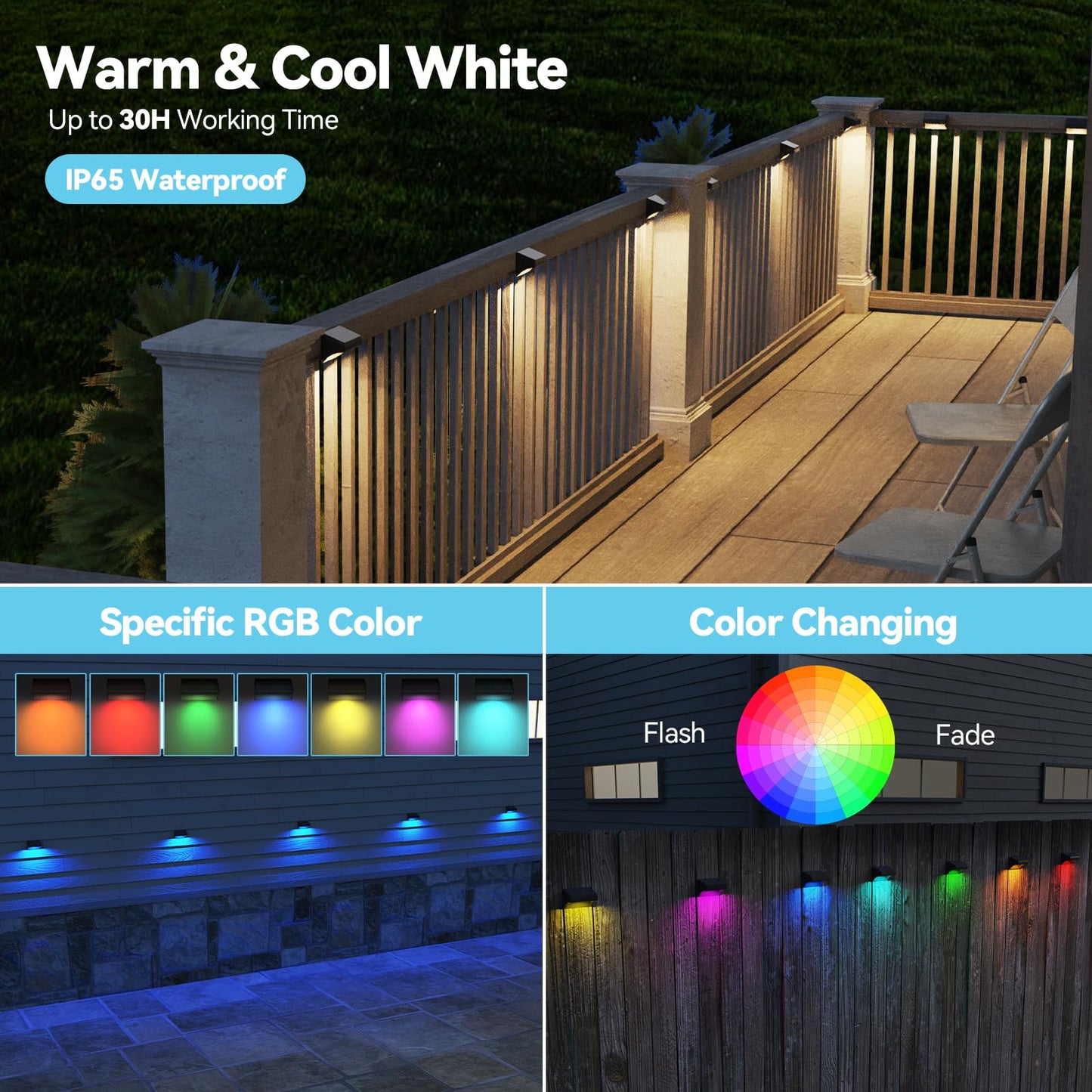 Bridika Solar Fence Lights, Outdoor Waterproof Warm White & Color Glowt, LED, for Backyard, Patio, Deck Railing, Stair Handrail, Pool and Wall (8 Packs)