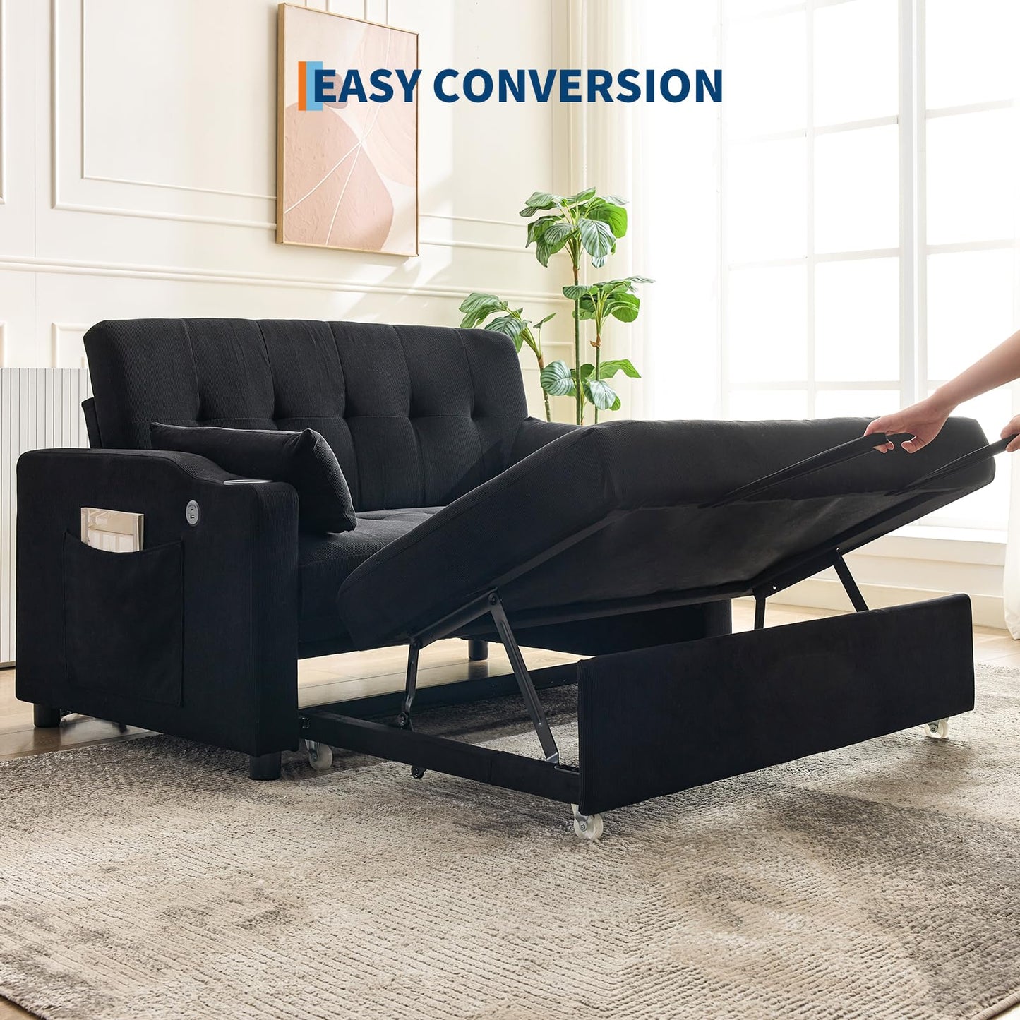 PeacefulHues Sofa Bed Couch, Futon Sleeper Couches with Pull Out Bed, USB Convertible Sofa Cama for Small Spaces, Living Room or Rv 3 in 1 Loveseat Furniture That Turns into Lounge Recliner