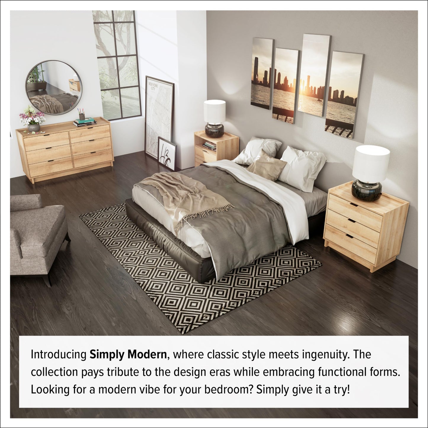 Prepac Simply Modern 6-Drawer Double Dresser for Bedroom, Chest of Drawers, Modern Bedroom Furniture, 52.5” Wide x 16” deep x 29.5” Tall, Oak