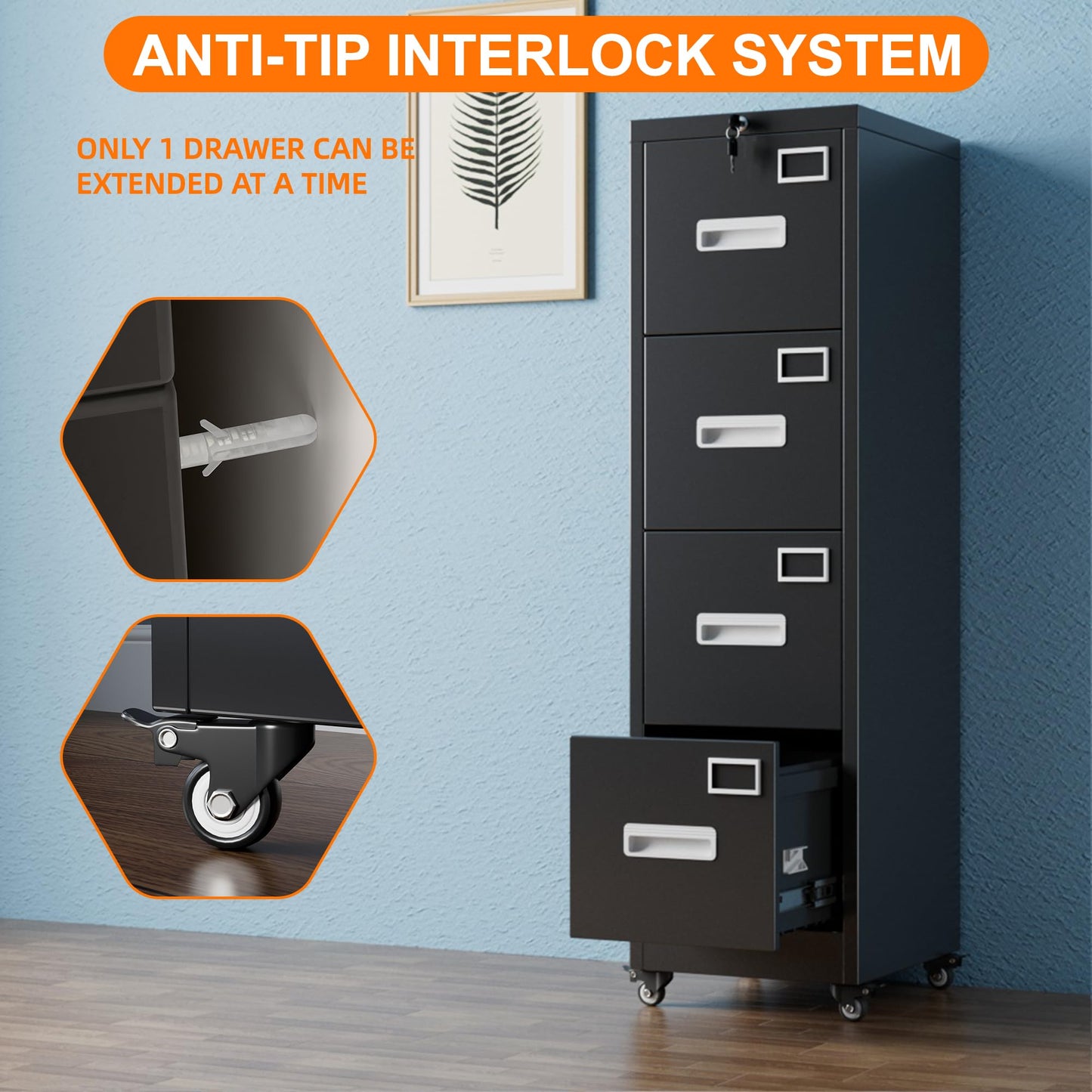 Aobabo 56" H 4 Drawer Moblie Office File Cabinet with Lock, Rolling Metal Filing Storage Cabinet, Legal/Letter A4 Sizel, Black, Assembly Required