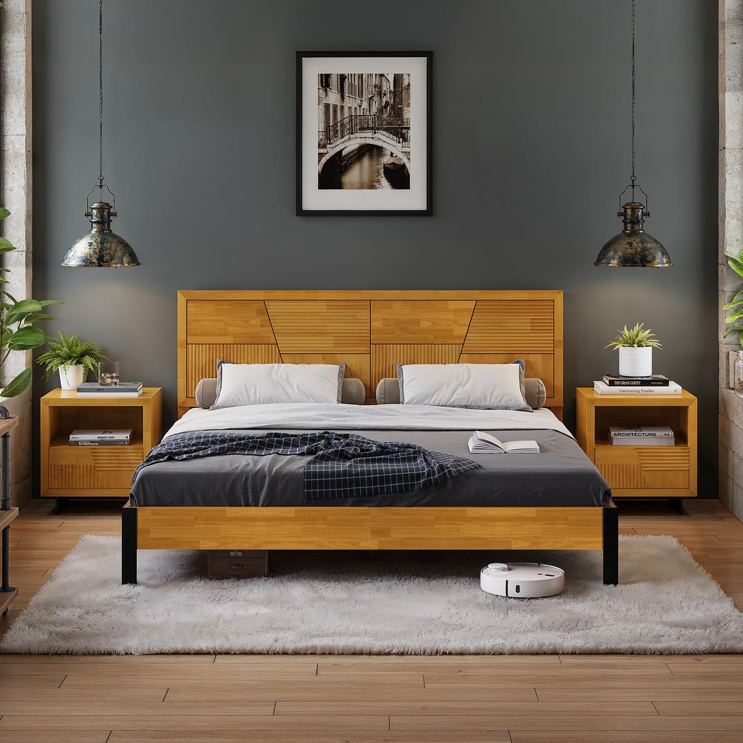 Bme Trapeze King Size Bed Frame – Rubberwood Platform with Slatted Headboard, Sturdy Iron Legs, No Box Spring Needed, Supports up to 800 lbs