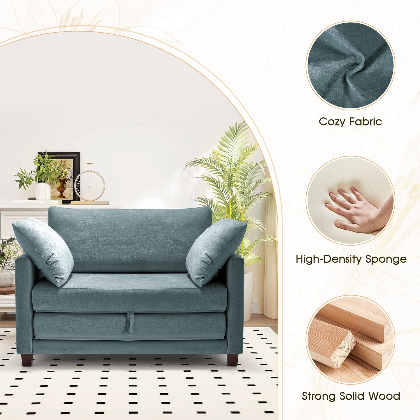 Myroyalsit 51" Convertible Loveseat Sofa Bed, 2-in-1 Folding Sofa Bed with 2 Pillow for Small Spaces, Modern Loveseat Sleeper Couch for Apartment, Living Room & Guest Room (Light Blue)