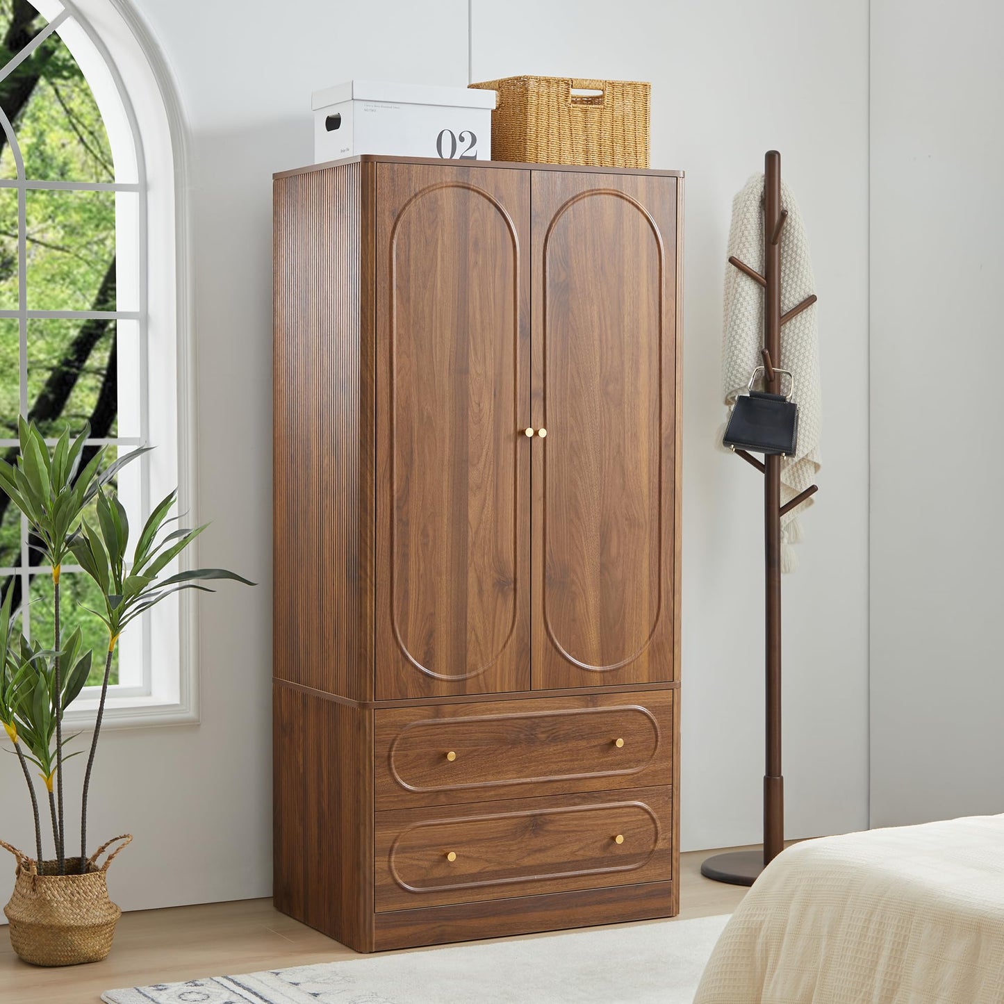 ORRD Fluted Freestanding Armoire Wardrobe Closet with 2 Doors and 2 Storage Drawers, Large Capacity Wardrobe Cabinet, Wooden Closet for Bedroom, Living Room - Walnut