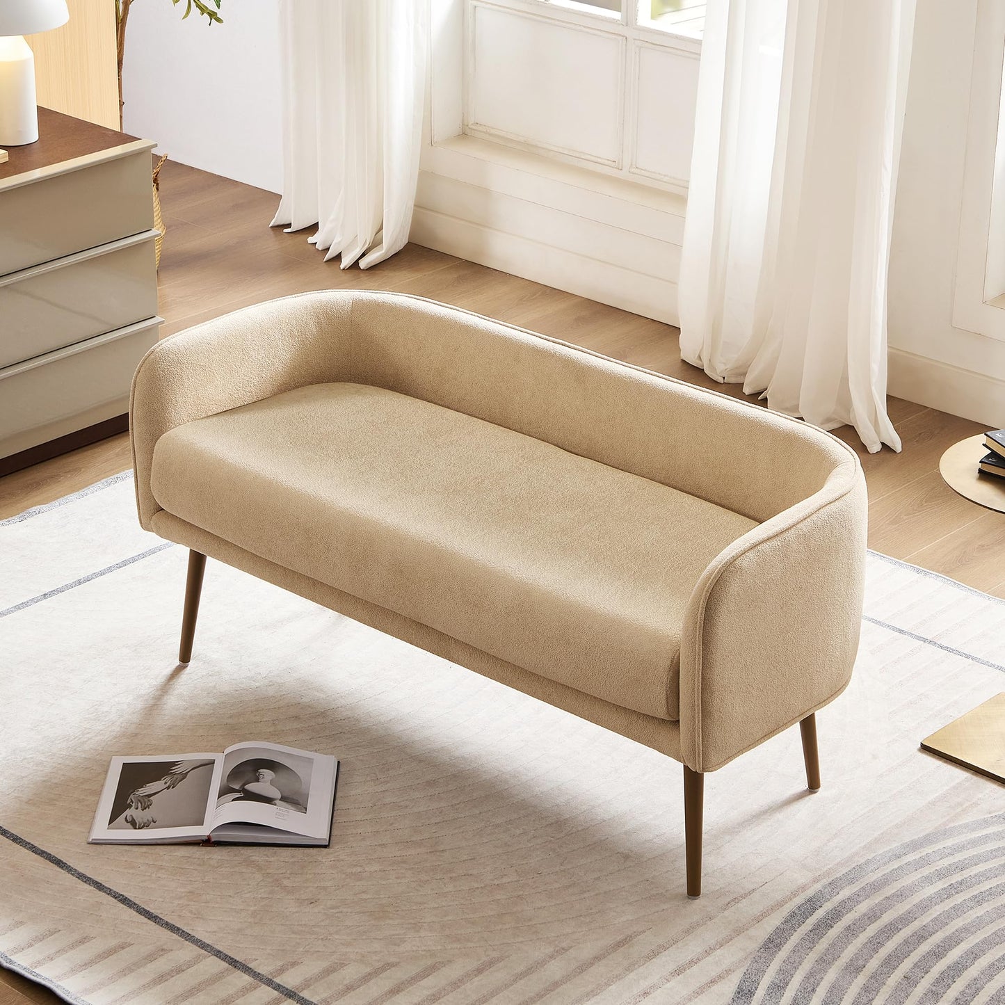 Forshare Bedroom Bench with Low Back,Inside Metal Frame (Beige)