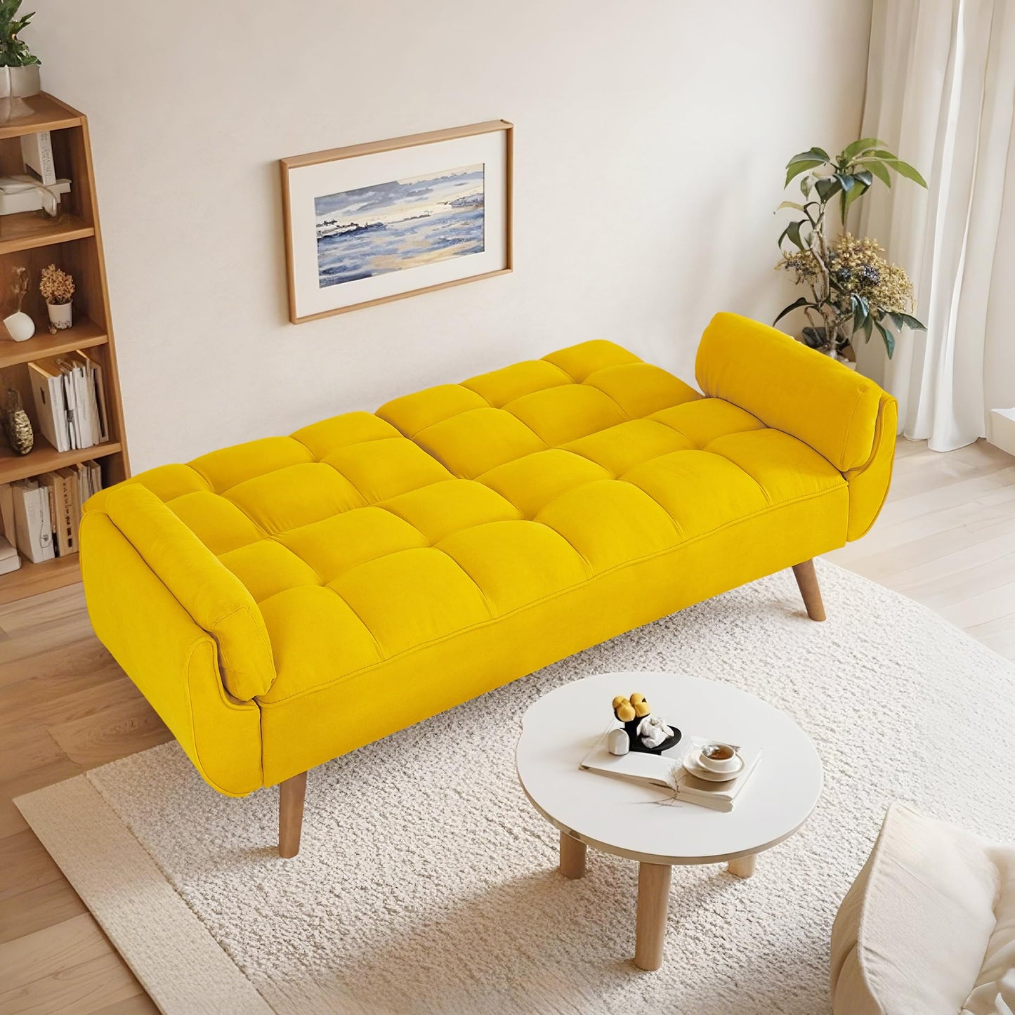 liuyouhom Convertible Futon Sofa Bed, Sleeper Couch Bed with Adjustable Backrests, Linen 3 Seater Small Couches for Small Spaces, Living Room, Bedroom(Yellow, 75")