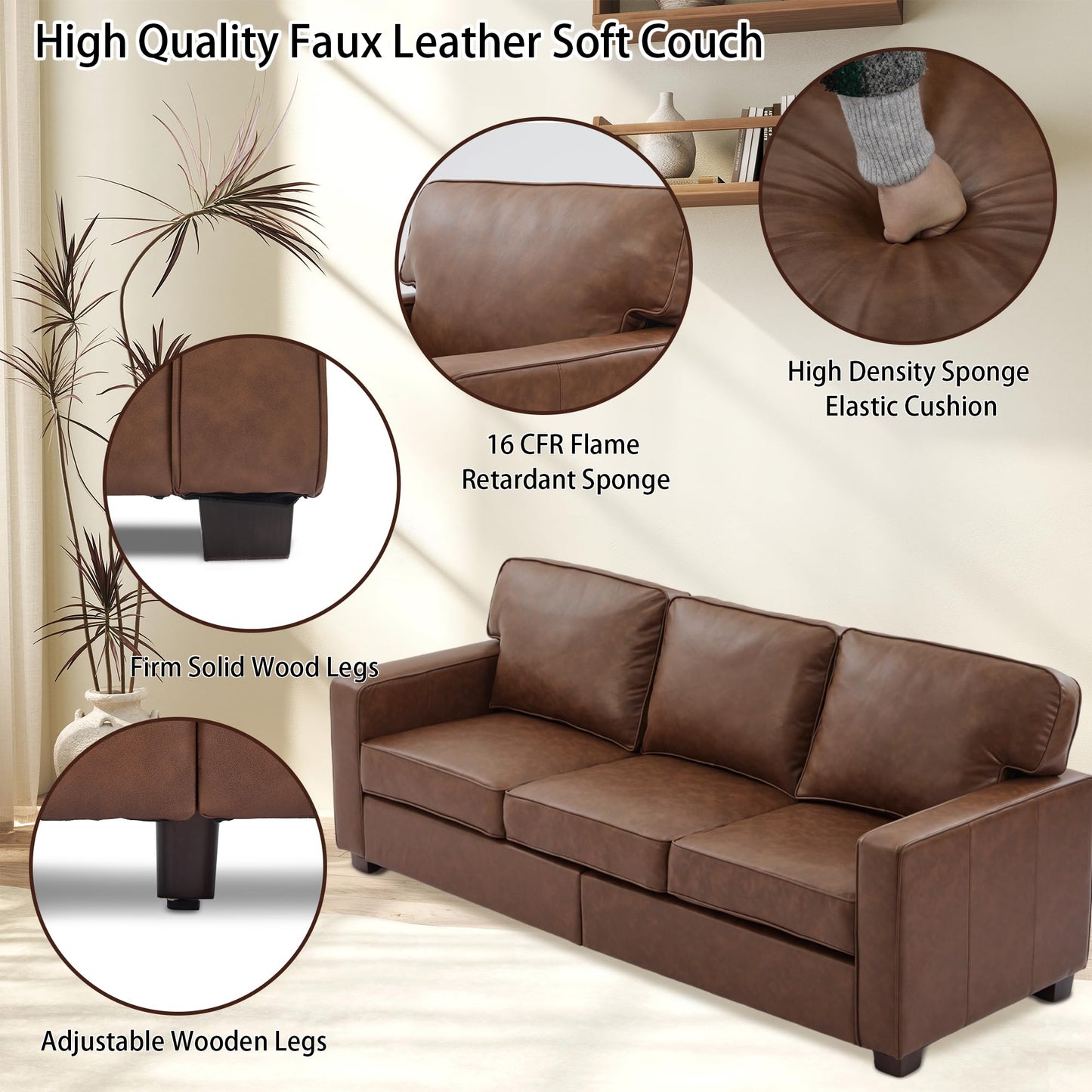 HXZDZ 83" PU Faux Leather Couch, Mid-Century Modern 3-Seat Sofa with Solid Wood Legs for Living Room, Bedroom, Office, Brown