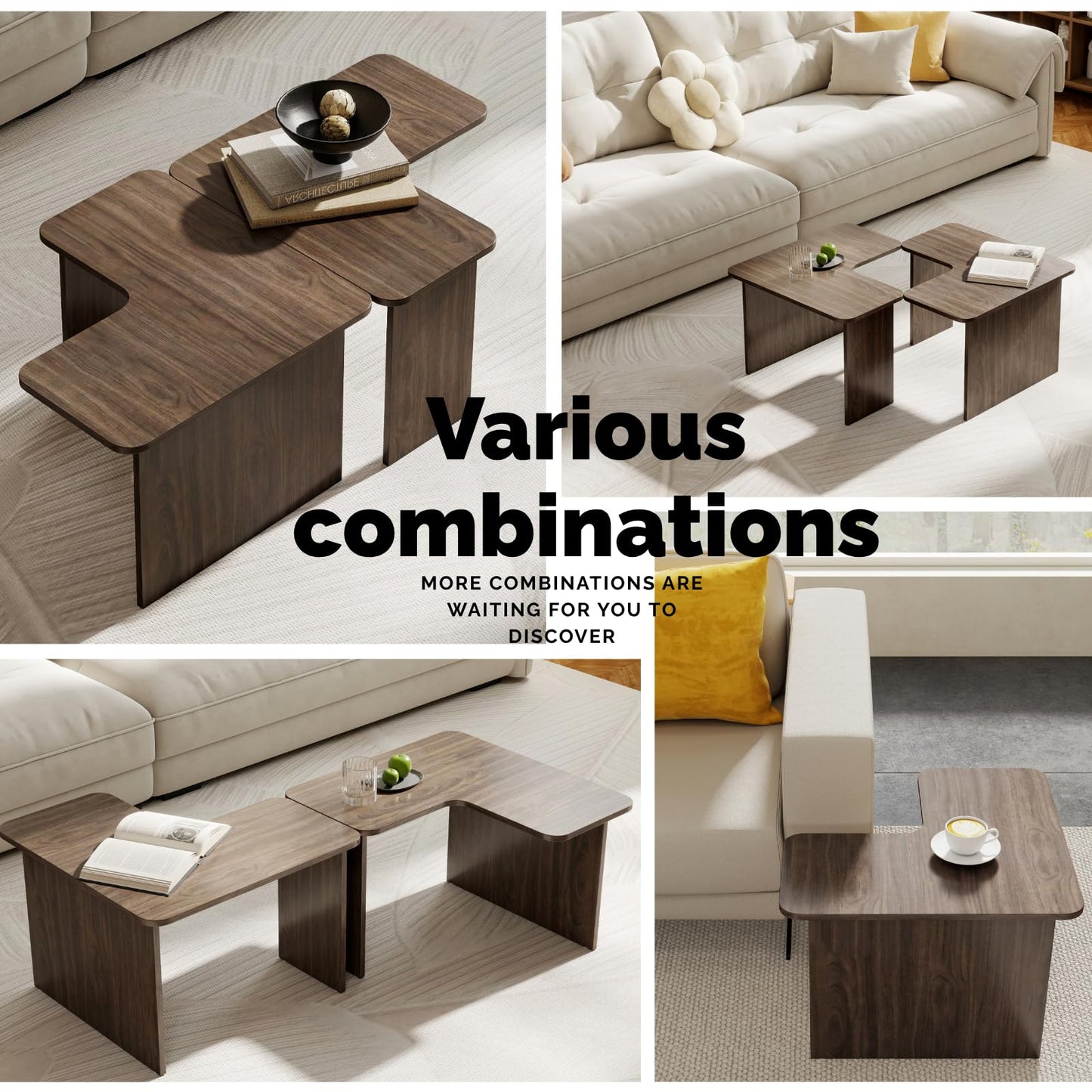 Modern Nesting Coffee Table Set of 2, Walnut Wooden L-Shape Square Coffee Table for Living Room, Small Center Table End Table Sets with Rustic Wood Grain for Bedroom Office Cafe