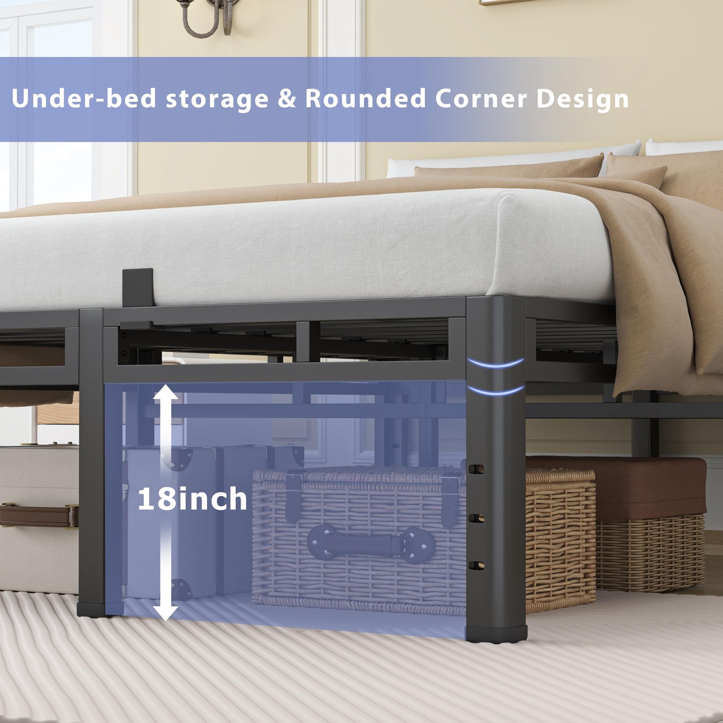 NKZ 22 Inch King Size Bed Frame, Metal Bed Frame & Box Spring 2 in 1 Platform with Round Corner Legs, 4000Lbs Heavy Duty Metal Frame, Mattress Slide Stopper, Headboard Hole, Noise-Free, Easy Assembly
