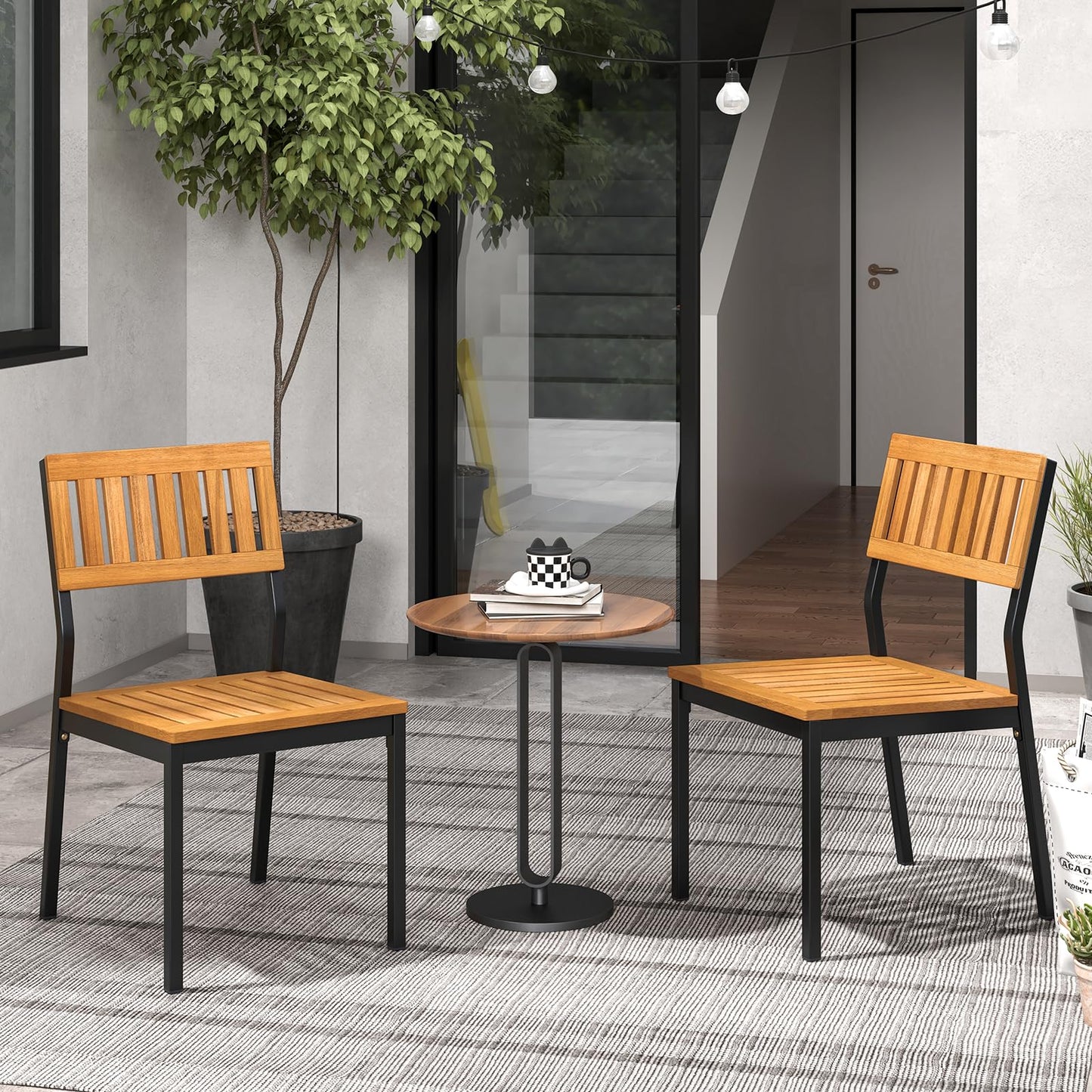 Tangkula Patio Dining Chair Set of 2, Outdoor Armless Chairs w/Metal and Acacia Wood Frame, All-Weather Bistro Chairs, for Indoor Lawn Backyard Patio Garden Deck Balcony