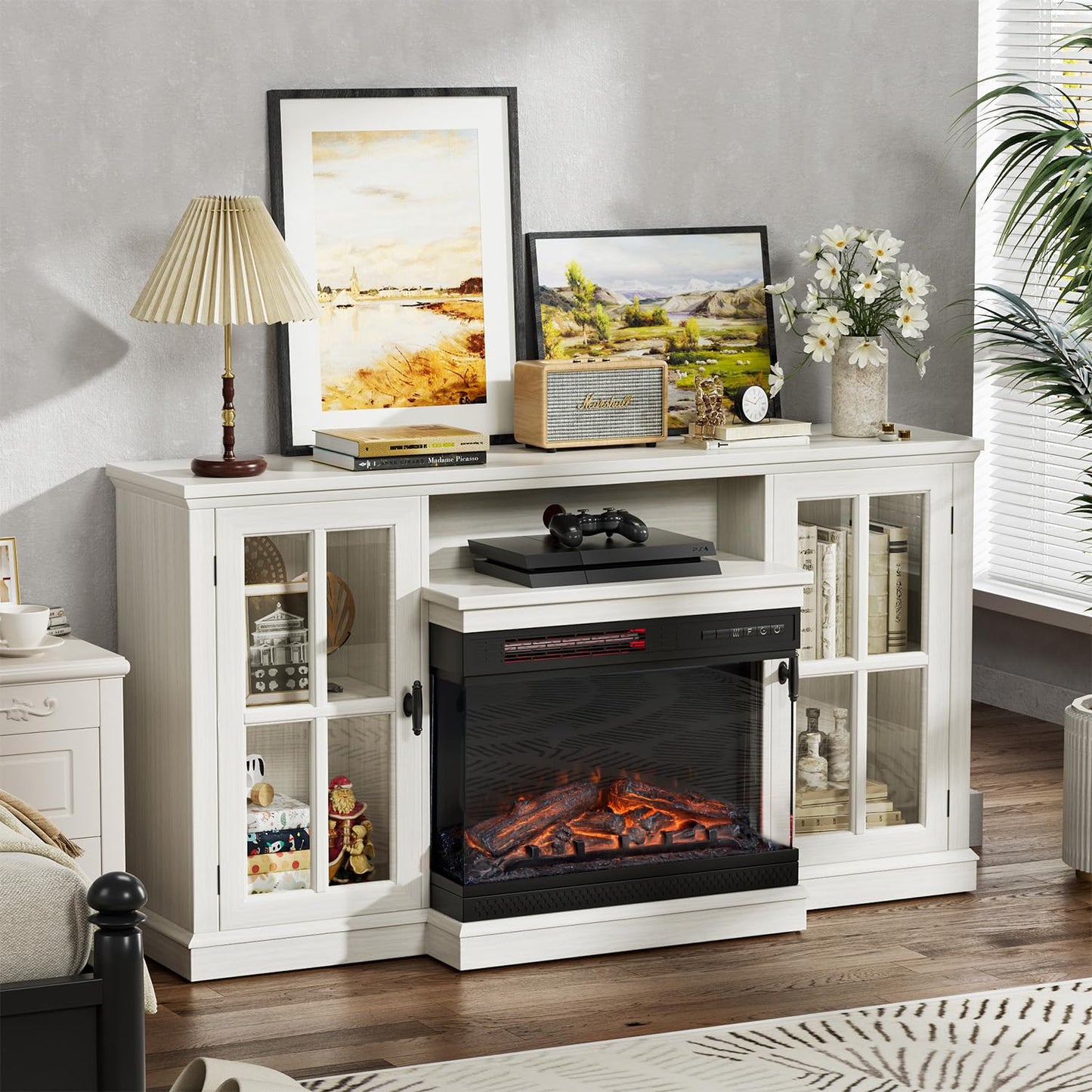 JUMMICO Fireplace TV Stand for TVs up to 65'', 3-Sided Glass Media Entertainment Center Console Table with Cabniet Storage Adjustable Flame LED Color for Living Room (Distressed White)