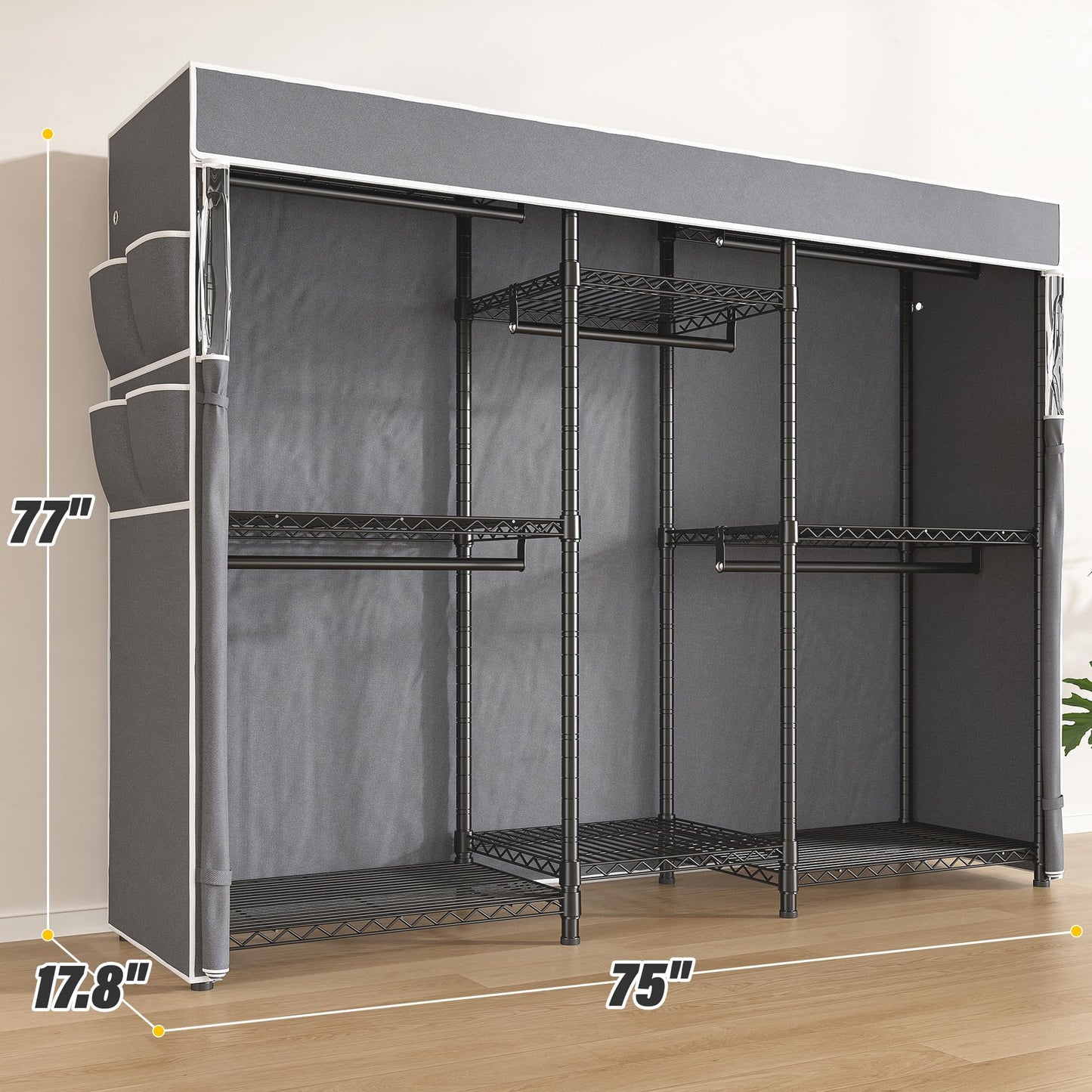 Raybee Clothes Rack with Cover, Clothing Racks for Hanging Clothes Loads 905 LBS,Heavy Duty Portable Closet,Wardrobe Closet, Black,75" W*17.8" D*77" H