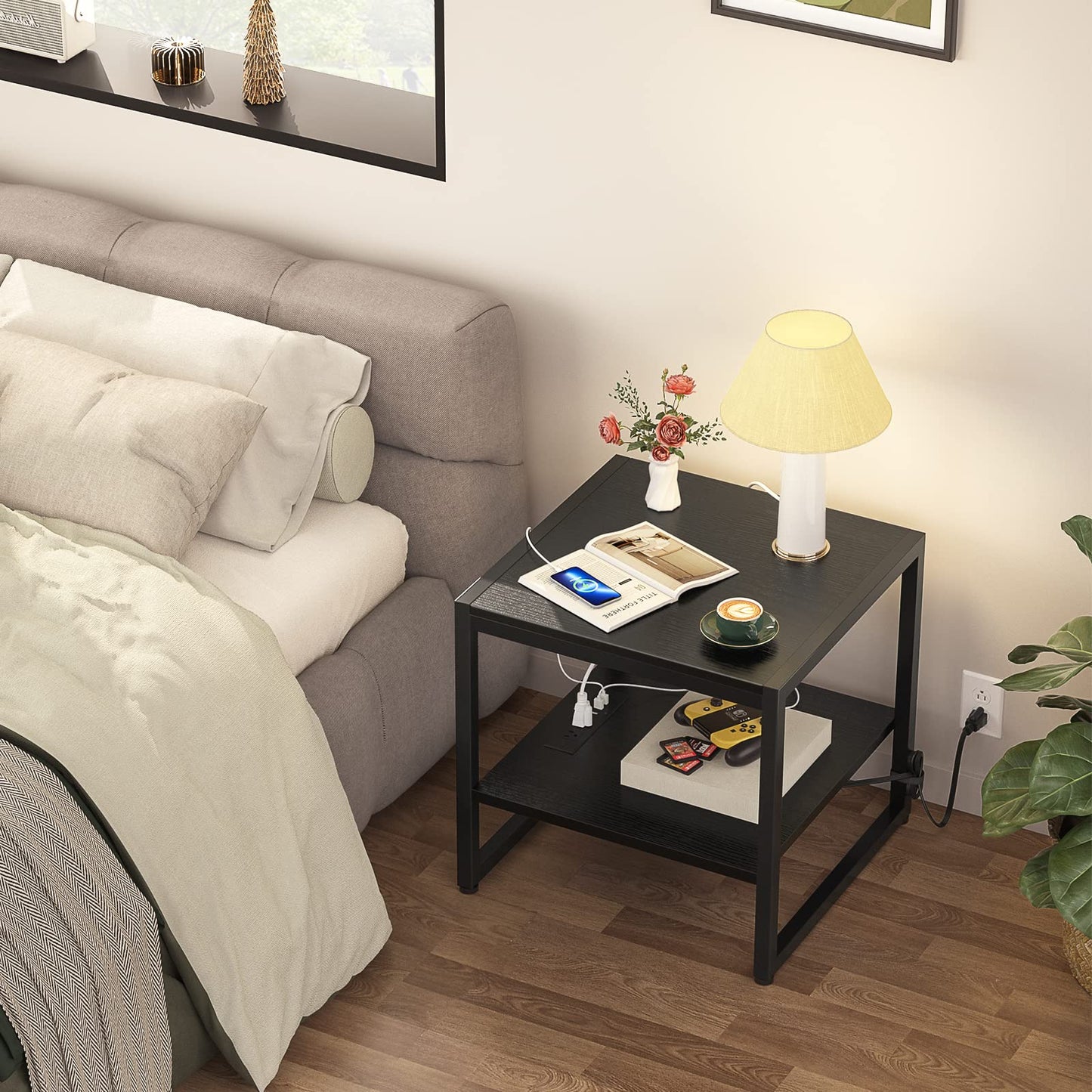 Homieasy End Table with Charging Station, 20 Inch Mini Fridge Stand with 2-Tier Open Shelf, Square Bedside Nightstand & Sofa Side Table for Living Room, Dorm, Office, Black