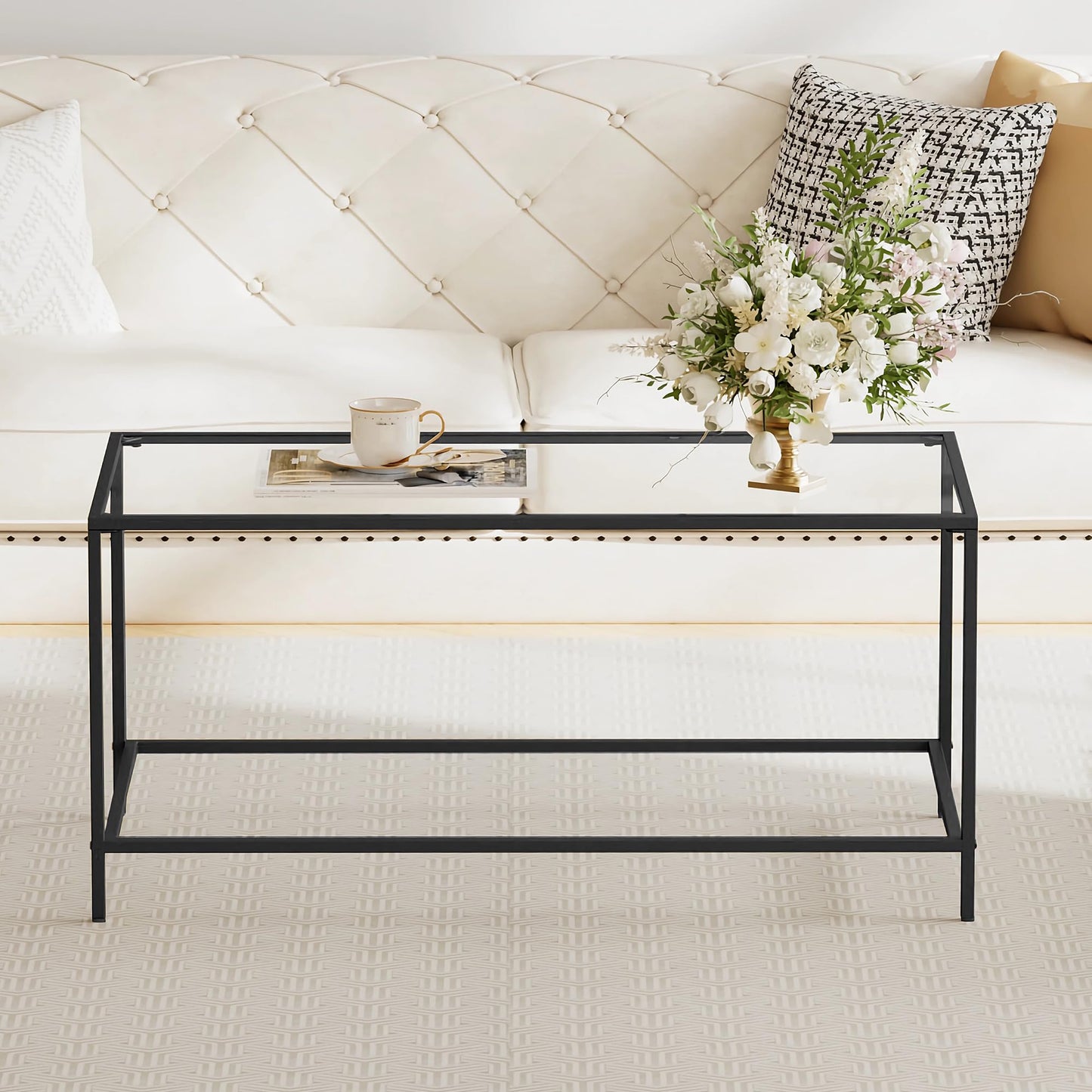 Homleke Glass Coffee Table, Modern Rectangular Coffee Table for Living Room, Minimalist Center Tea Table with Sturdy Metal Frame for Apartment, Office, Easy Assembly, 39.4 x 19.7 x 17.7 Inches, Black