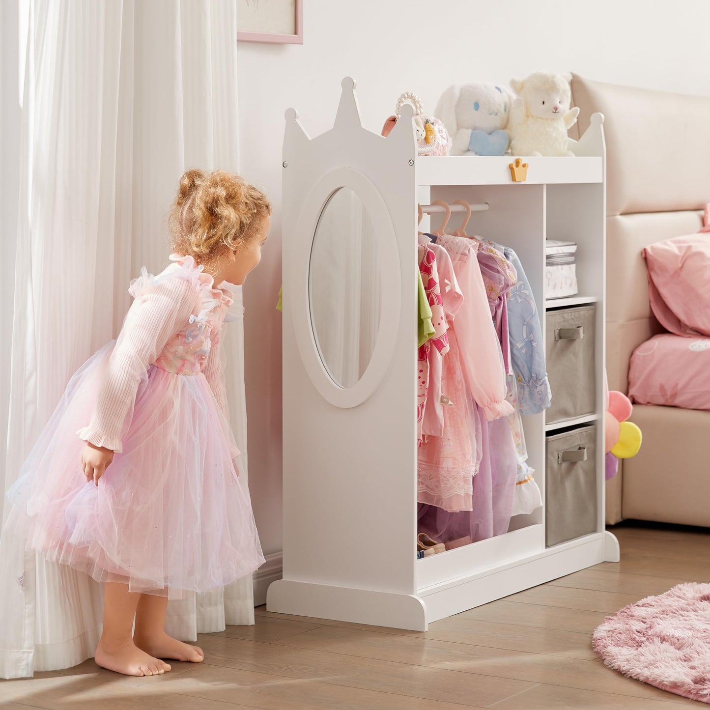 GTOLV Kids Dress Up Storage Mirror w/ 2 Bins, Cloth Hanger - Kids Play Armoire Dresser Pretend Closet for Bedroom