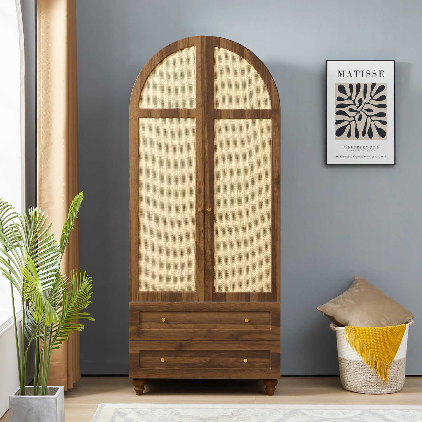 QEIUZON Wardrobe Closet, Arched Rattan Wardrobe Cabinet with Hanging Rod & 2 Drawers, 75" Freestanding Storage Cabinet for Living Room, Laundry Room (Walnut)