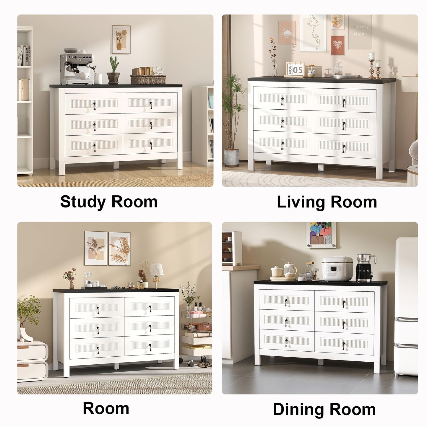 LABROSKIA White Dresser for Bedroom Deep Drawers: 47" Wood Bedroom Dressers with 6 Drawers, Modern Chest of Drawer with Handles, Adult Dresser for Fluted Drawer (White)