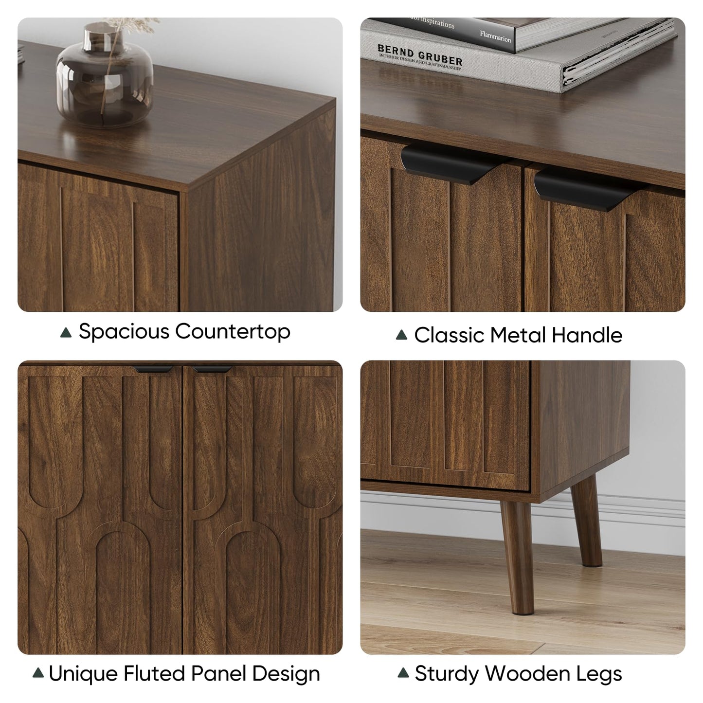 Smart FENDEE Sideboard Buffet Cabinet, Accent Storage Cabinet with U-Shaped Fluted Doors, Farmhouse Wood Cabinet for Kitchen, Living Room, Entryway, Walnut