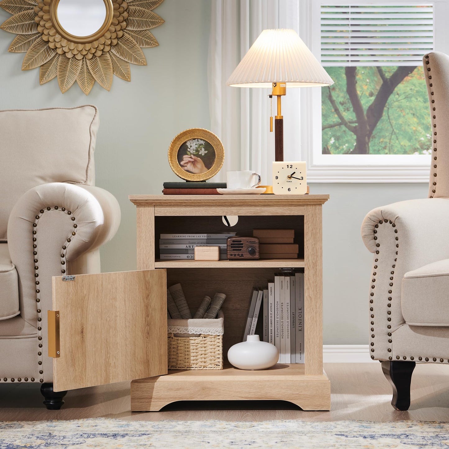 Aitjunz Fluted Nightstand Set of 2, 22" Large Modern Side Table with Charging Station, Wood End Table w/Open Shelf, Bedside Table with Storage Space for Bedroom, Living Room (Natural)