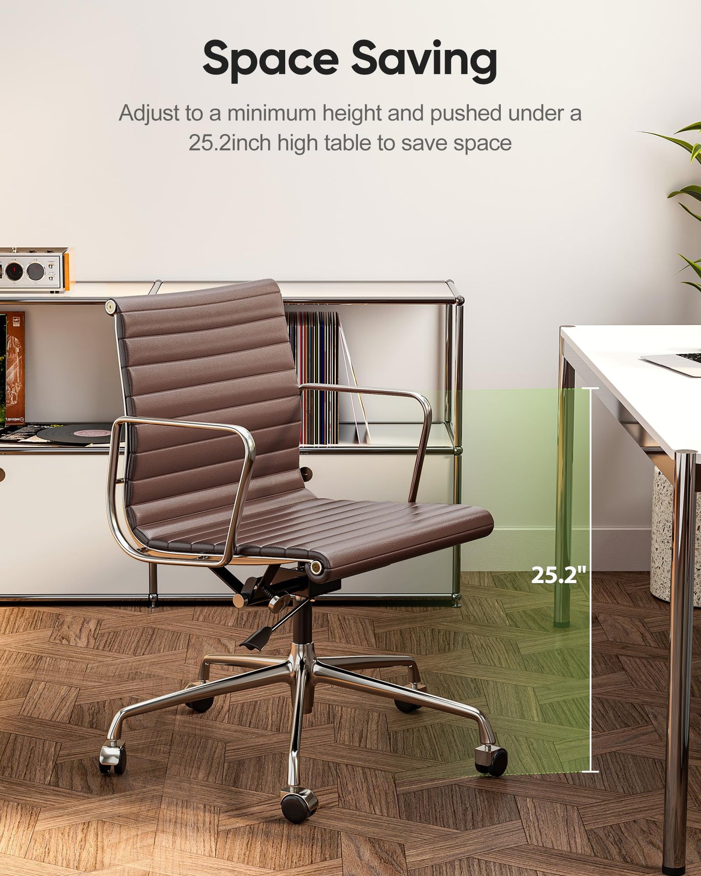 OTDMEL Ribbed Office Chair with Genuine Leather Contact Surfaces - Mid Back Ergonomic Desk Chair with Aluminum Arm Rest and 5-Star Base, Faux Leather Accents & Back Side, Swivel Chair Brown