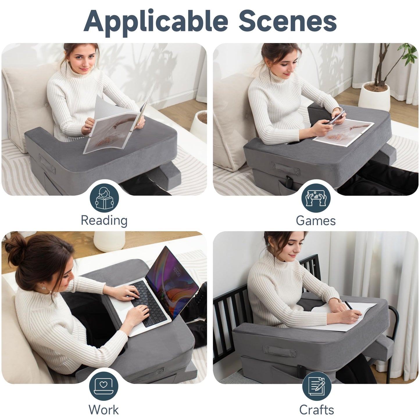 Reading Pillow for Gaming/Lap，Lap Pillow with Cup Holder for Reading, Working, Sitting in Floor Sofa, Lap Pillow with Cup Holder Pocket,Grey