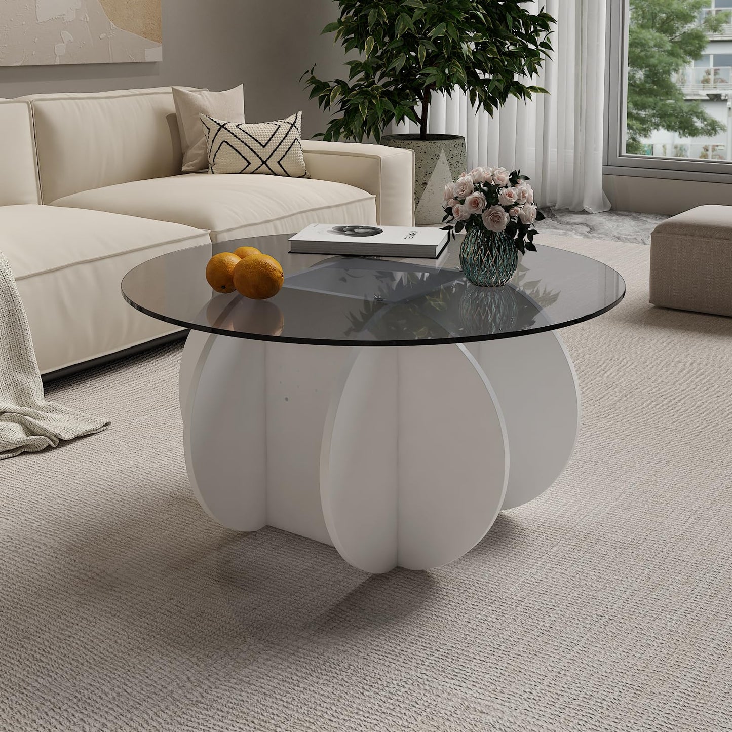 HedoAjim Round Coffee Table with Glass Top,Center Table with Storage for Living Room,Small Spaces, Office, and Lounge,32" White and Grey Glass Coffee Table