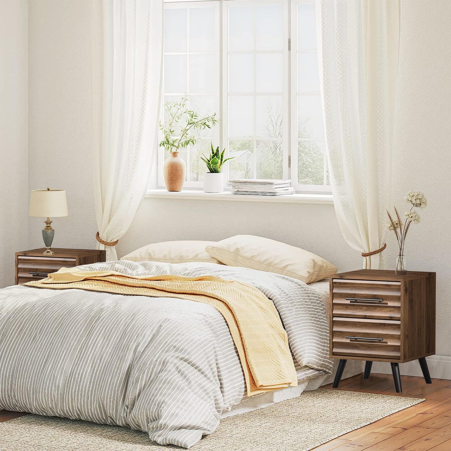 CATMIX Farmhouse Bedroom Set, 3 Pieces Bedroom Furniture Set, Fluted 6 Drawer Dresser and Nightstands, Chest of Drawers Wide Storage Organizer Cabinet for Bedroom