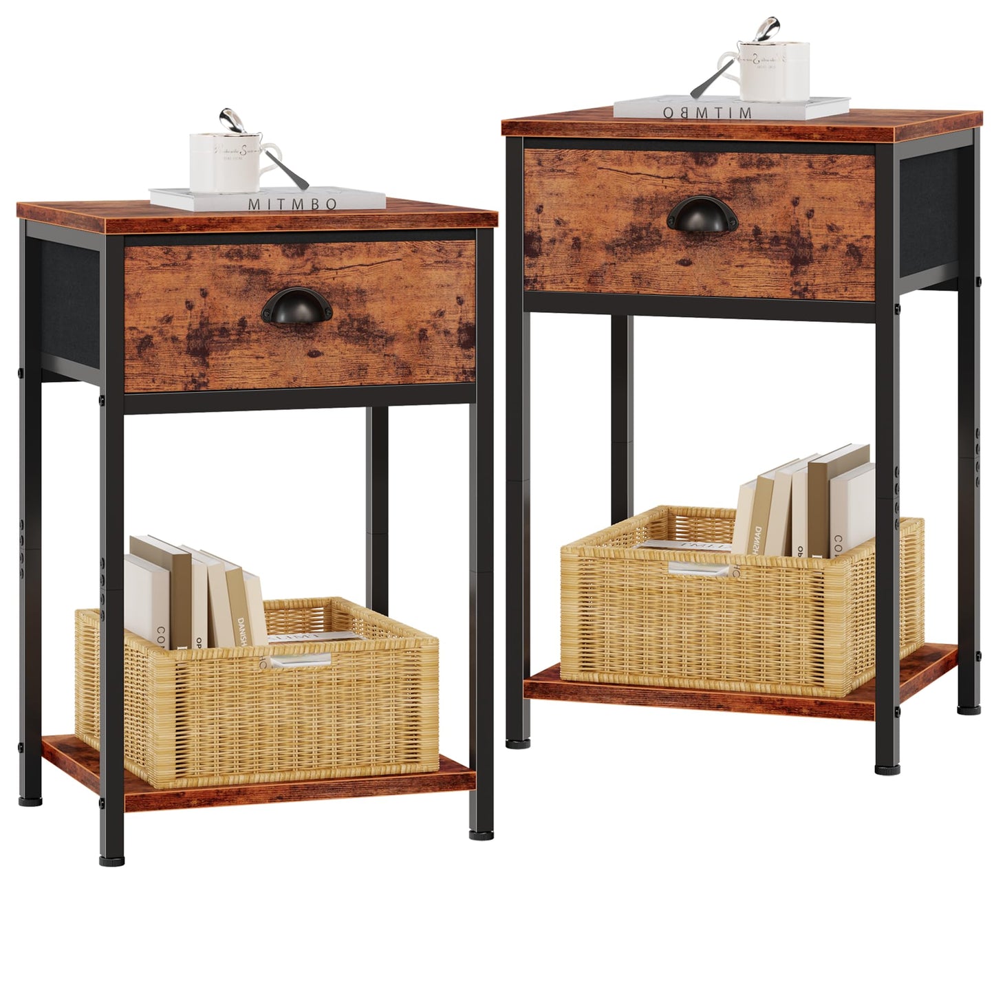 Furologee Nightstands Set of 2, Industrial End Table with Fabric Drawer and Storage Shelf, Retro Bedside Tables Organizer, Side Table for Living Room Bedroom, Rustic Brown