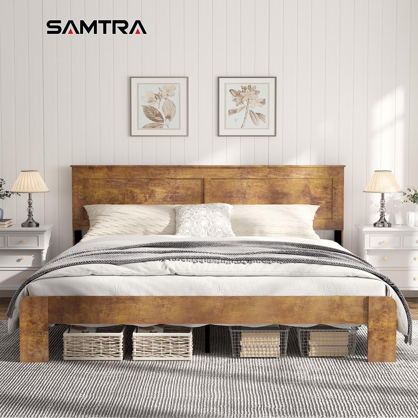 SAMTRA Wooden Bed Frame King Size with Headboard, Farmhouse Platform Bedframe with Wood Slat Support, Sturdy Framework Bed Frame, Easy Assembly (Rustic Brown)