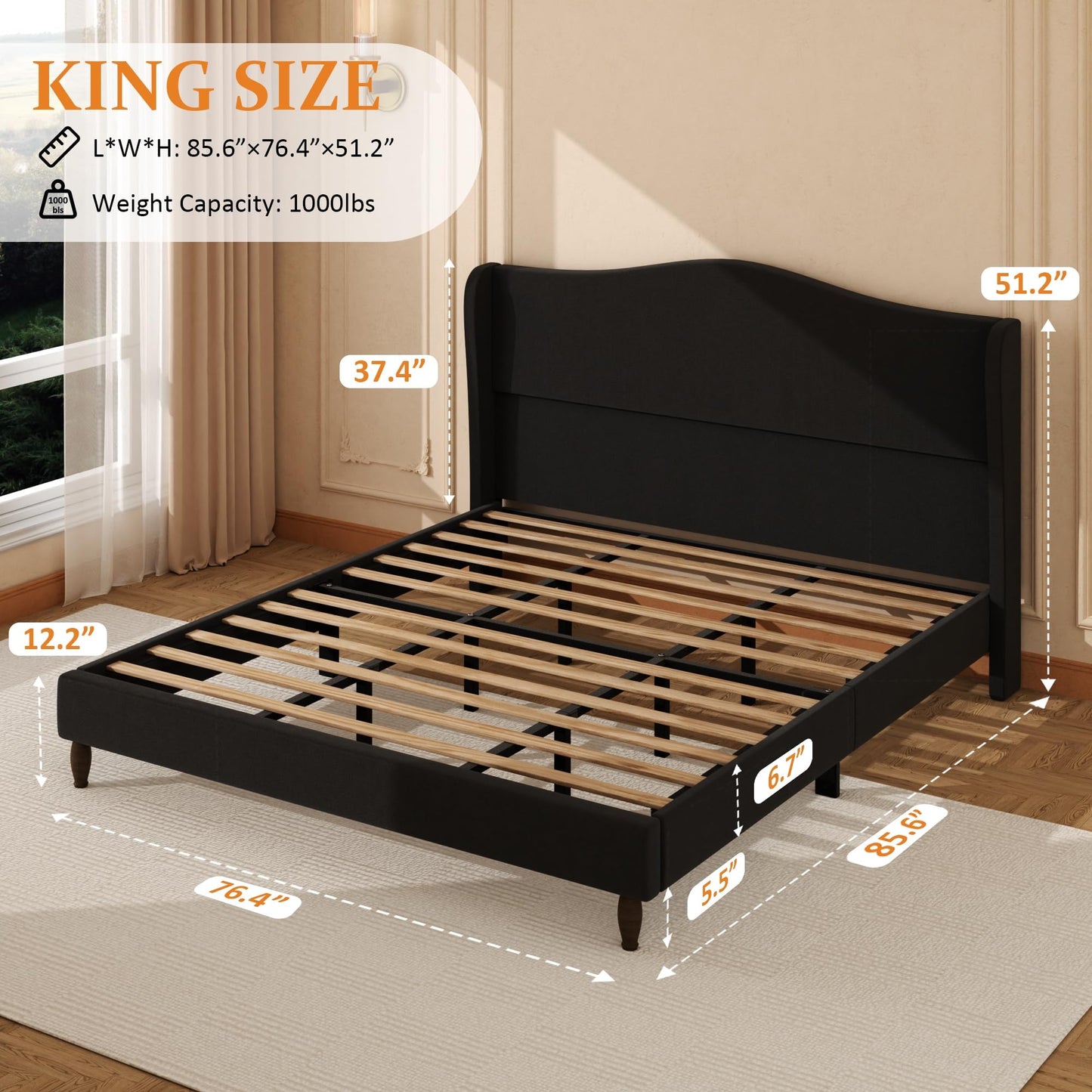 Konprosp King Size Bed Frame with 51" Tall Headboard, Chenille Upholstered Platform Bed Frames with Classic Curved Wingback & Retro Wood Legs, No Box Spring Needed, Noise Free, Easy Assembly, Black