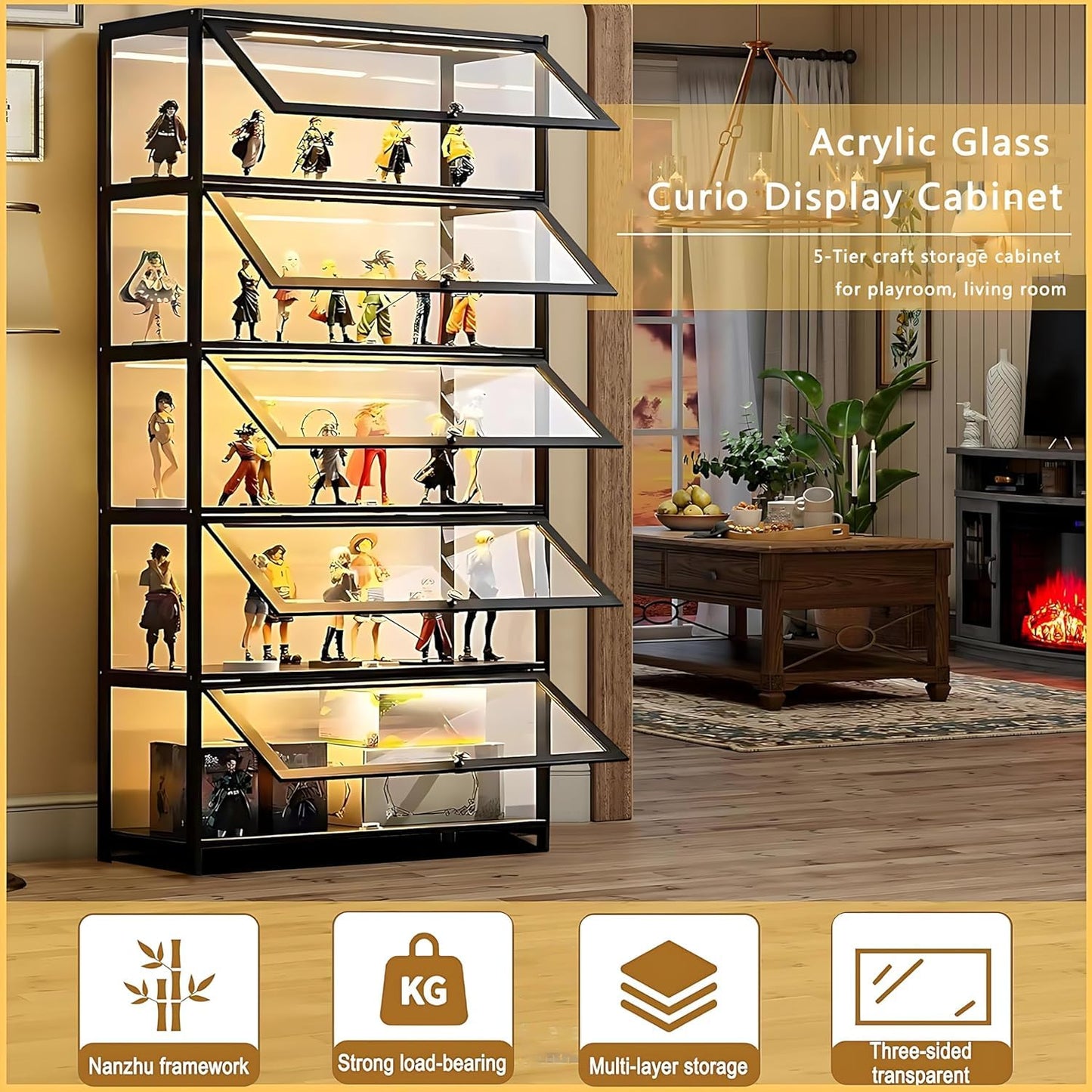 HMBTCRY Display Cabinet with Acrylic Glass Doors,5-Tier Display Cases for Collectibles, Large Toy Display Shelves & Kids Bookcase for Playroom, Bedroom Study Room (Black)