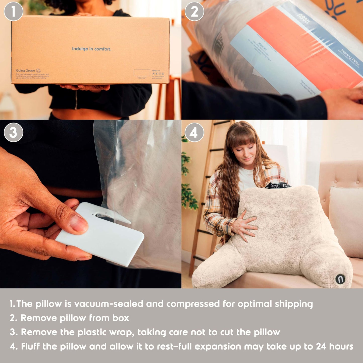 Nestl Fur Reading Pillow, Stylish Back Pillow for Bed Sitting Up, Faux Fur Bed Chair Pillow with Arms, Reading Pillows for Sitting in Bed Adult & Kids, Sit Up Back Support Pillow for Bed Rest - Linen