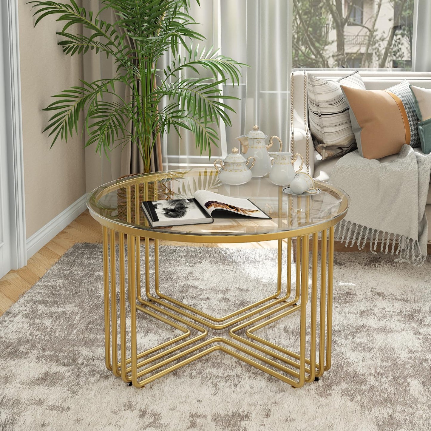 Esucllc Round Coffee Table, Glass Coffee Tables for Small Space, Modern Center Table for Living Room, Sofa Side Table with Metal Steel Frame, Circle Coffee Table for Home, Office, Apartment, Gold