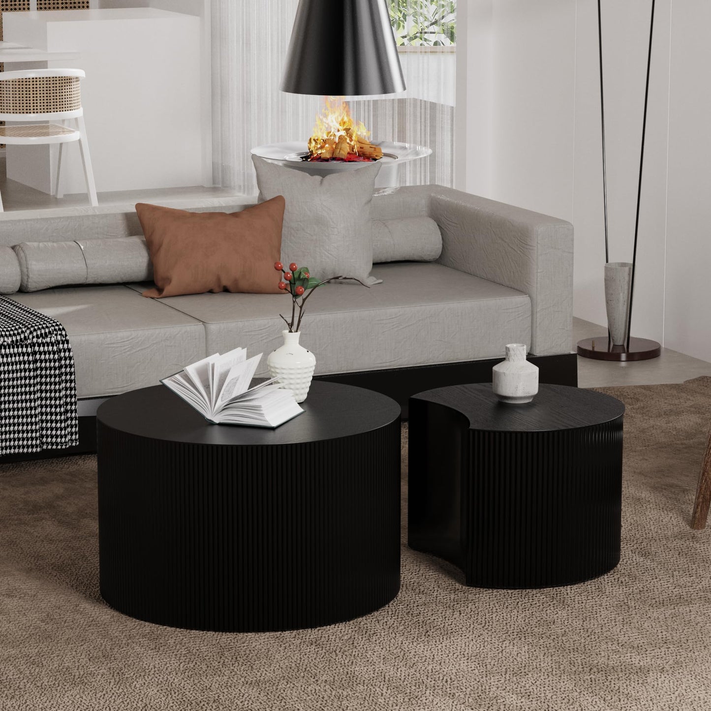 WUPDPQS Round Nesting Coffee Table Black Round Fluted Coffee Table Set of 2 for Living Room Small Circle Drum Coffee Tables Crescent End Table (Black B 27in)