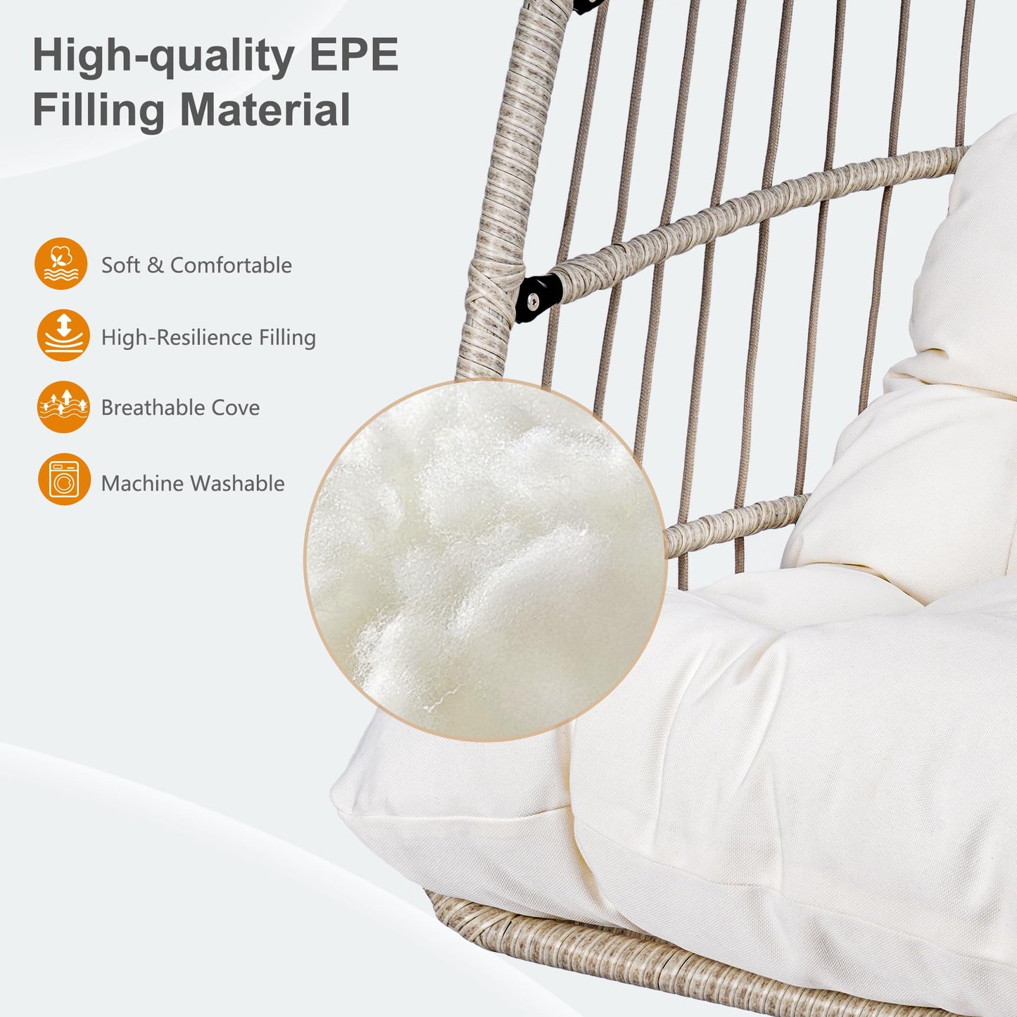 Foldable Hanging Egg Chair with Stand, HDPE Rattan and Heavy Duty Aluminum-Steel Frame, Outdoor Patio Wicker Swing Egg Chair with Headrest and Cushioned, 350 Lbs Capacity (Beige)