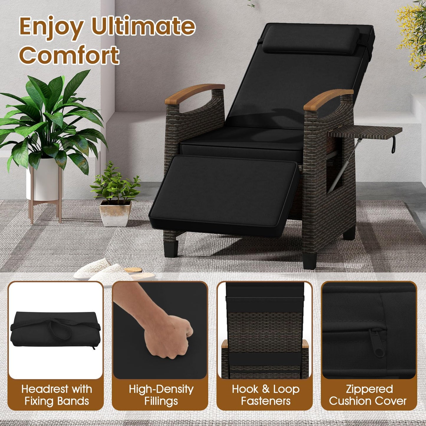 HAPPYGRILL Outdoor Rattan Wicker Chaise Lounge Recliner Chair with Adjustable Backrest & Footrest, Push Back Outside Seat w/Cushion & Flip Table for Backyard, Porch, Balcony (Black,1)