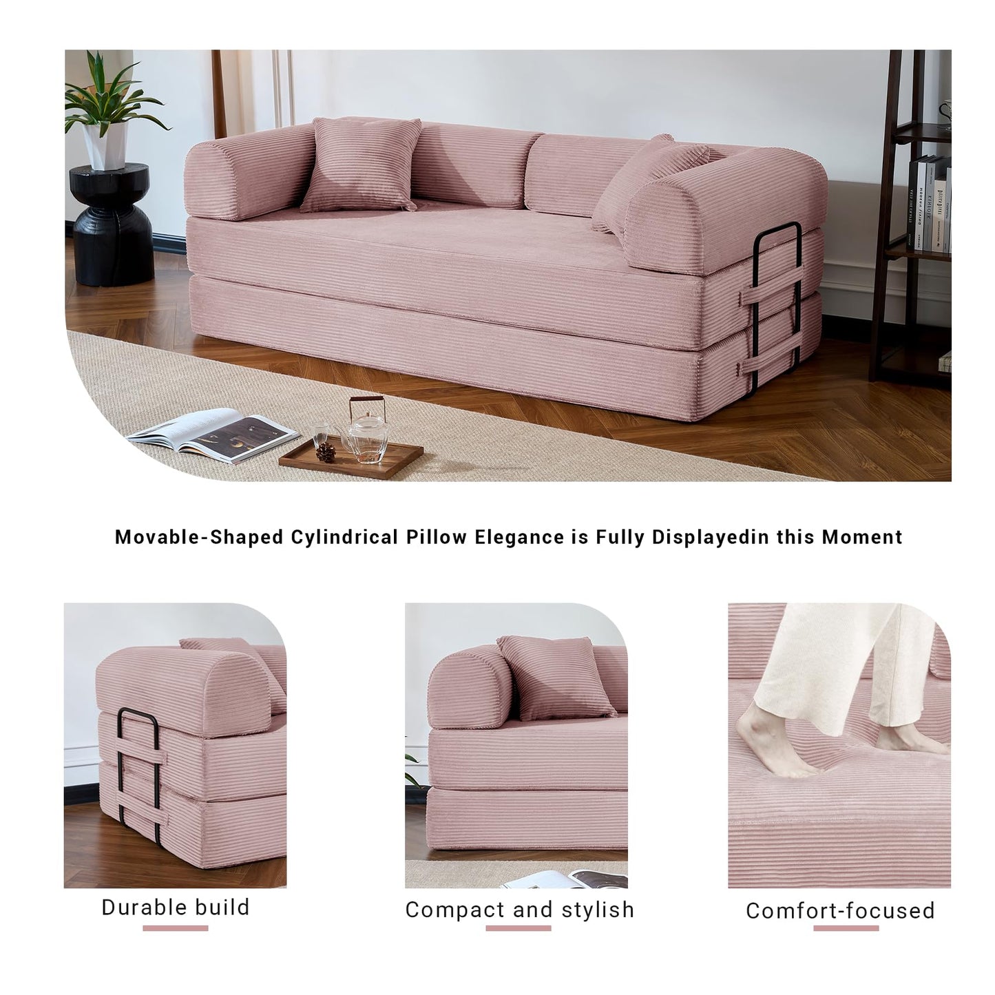 NNQ Compressed Sofa - Convertible Sofa Bed, Corduroy Compression Boneless Couch in a Box, Comfy Modular Foldable Floor Sleeper Sofa for Bedroom, Living Room (Corduroy Fabric, Pink)