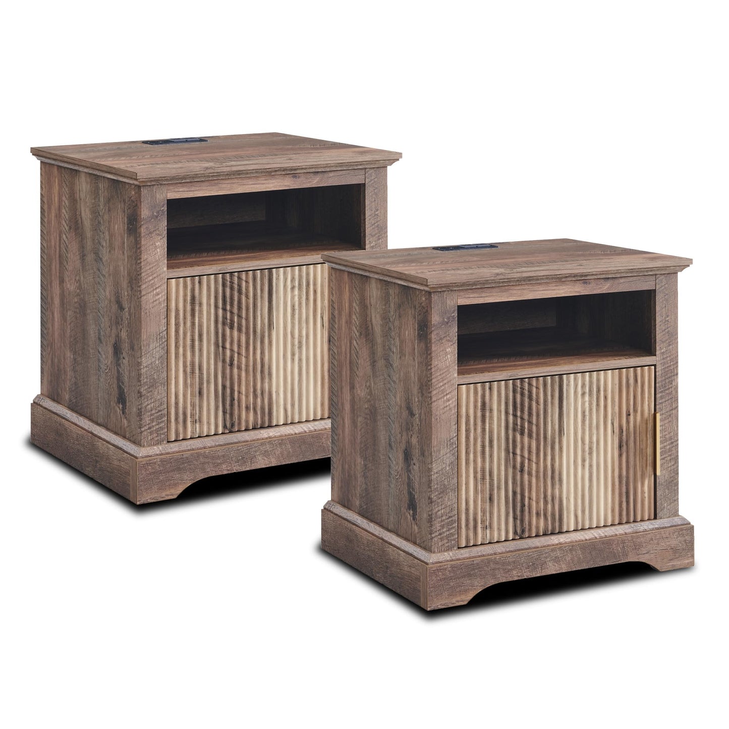 Aitjunz Fluted Nightstand Set of 2, 22" Large Modern Side Table with Charging Station, Wood End Table w/Open Shelf, Bedside Table with Storage Space for Bedroom, Living Room (Light Brown)