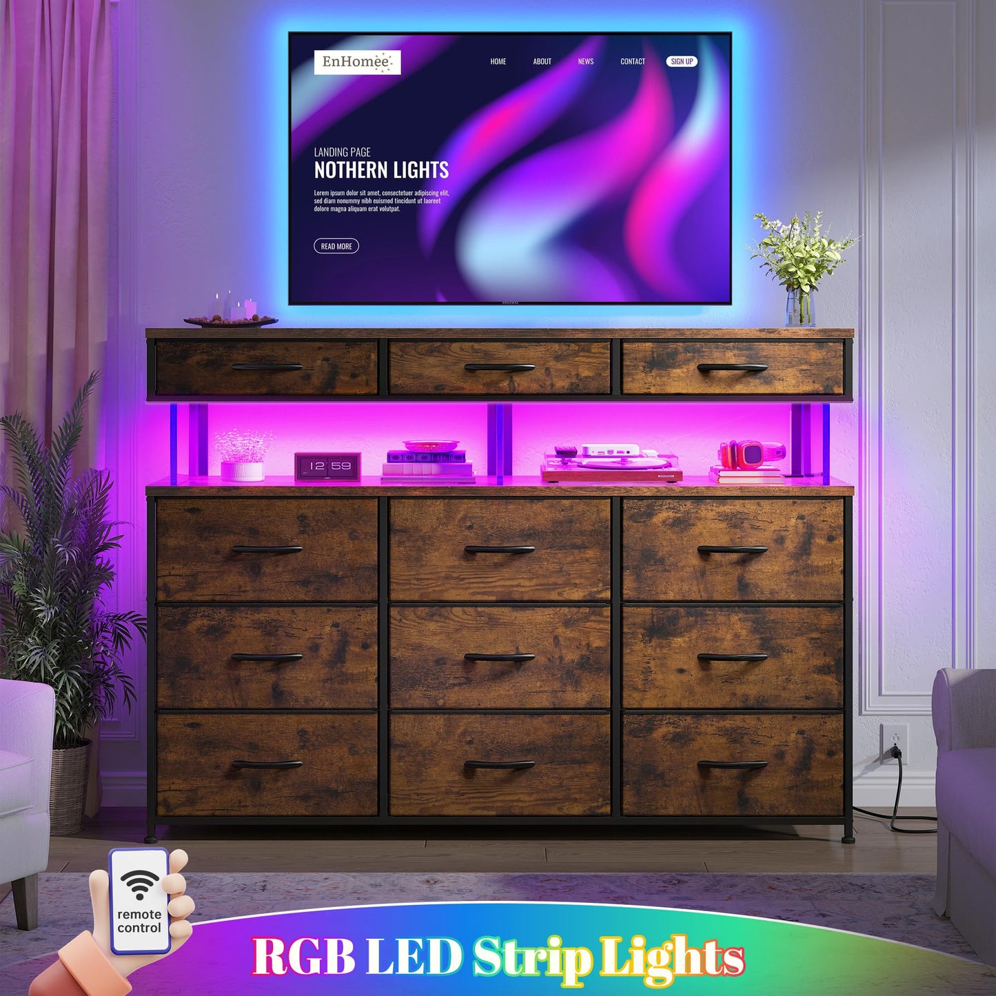 Dresser for Bedroom with 12 Drawers, Dresser with LED & Charging Station, 38.6''H Dressers & Chests of Drawers with with 10mm Sturdy Acrylic Sheet, for Bedroom, Closet, Entryway, Rustic Brown