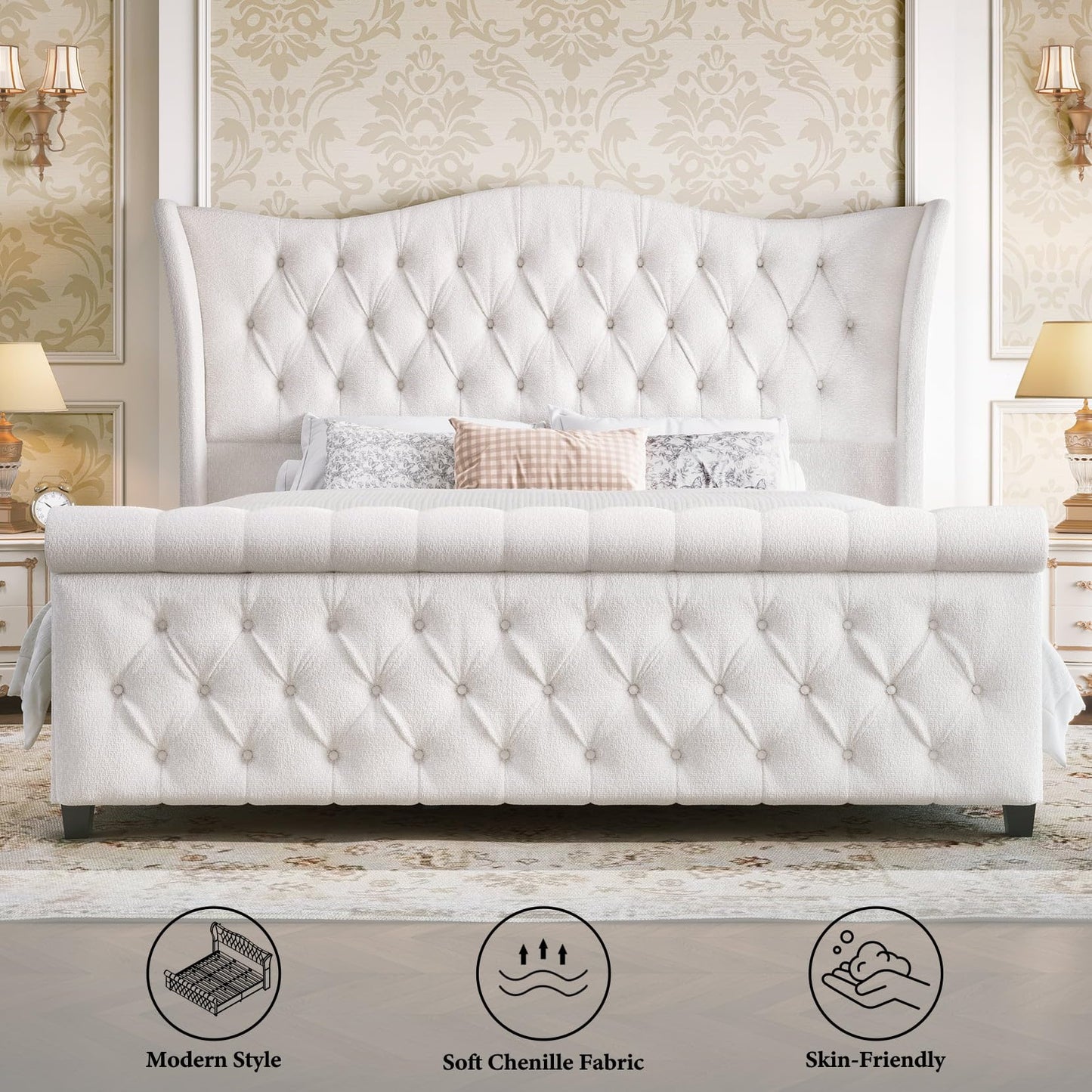Queen Size Bed Frame Chenille Upholstered Platform Sleigh Bed with 51" Scroll Wingback Tall Headboard & Footboard/Deep Button Tufted/Easily Assemble/Wood Slats Support/No Box Spring Required/Cream