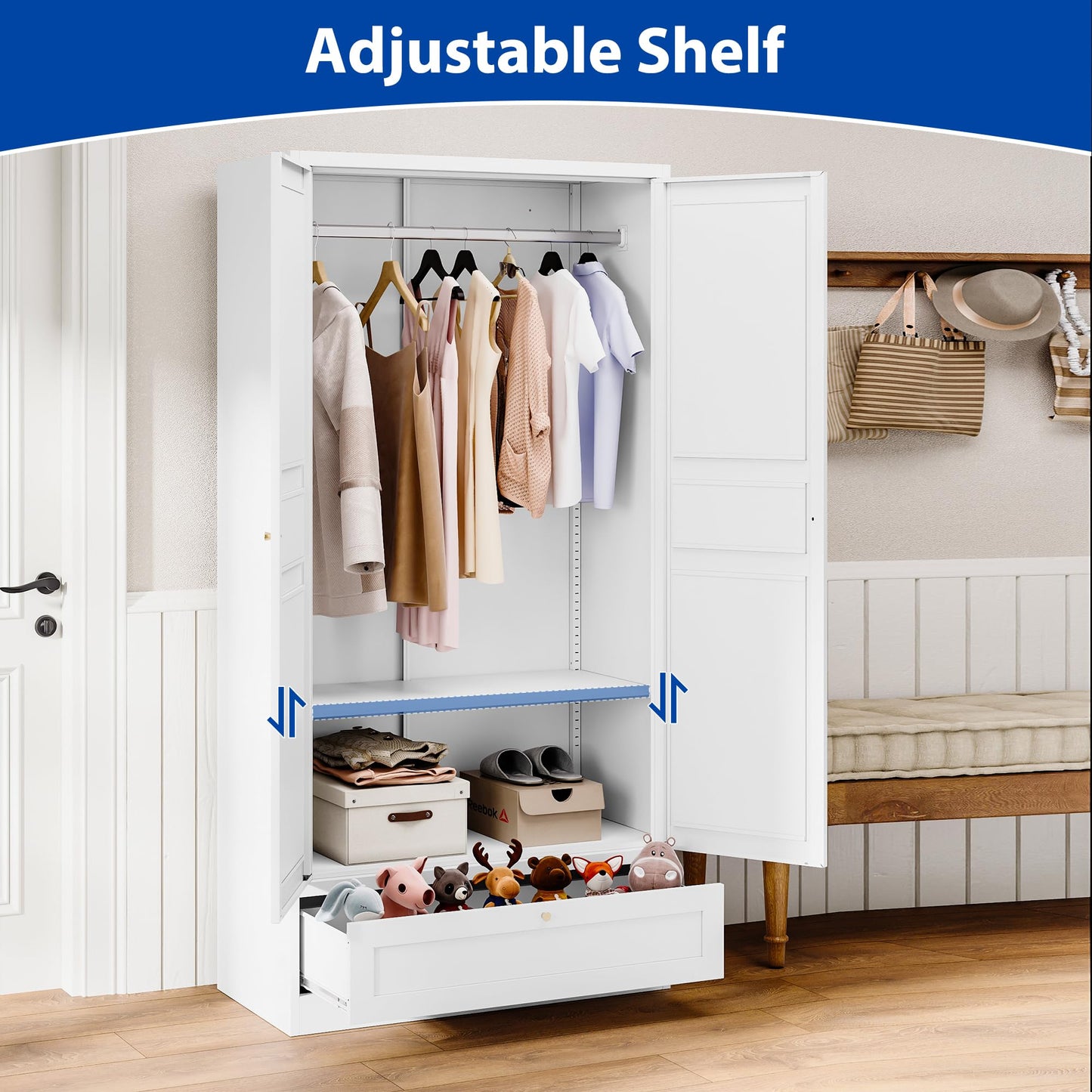 BYNSOE Metal Armoire Wardrobe Closet with 2 Doors 72'' Wardrobe Cabinet with Drawers and Hanging Rail Metal Closet with Adjustable Shelves for Bedroom. (White, with 1drawer)